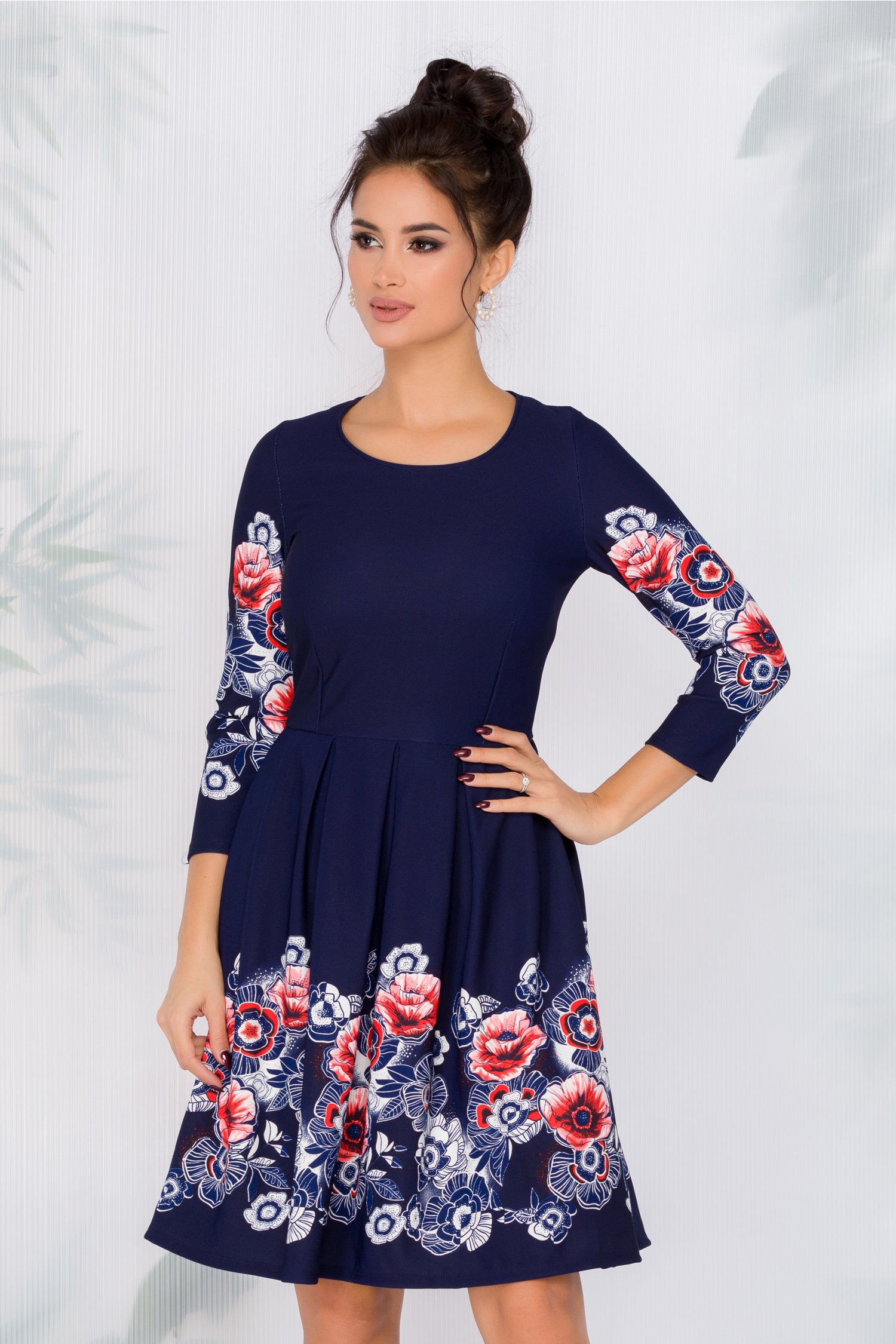 Rochie monela bleumarin cu imprimeu floral