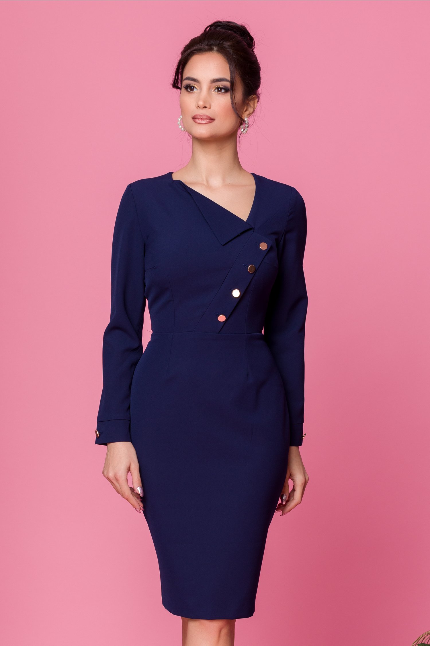 Rochie moze bleumarin cu maneci lungi cu mansete si nasturi aurii