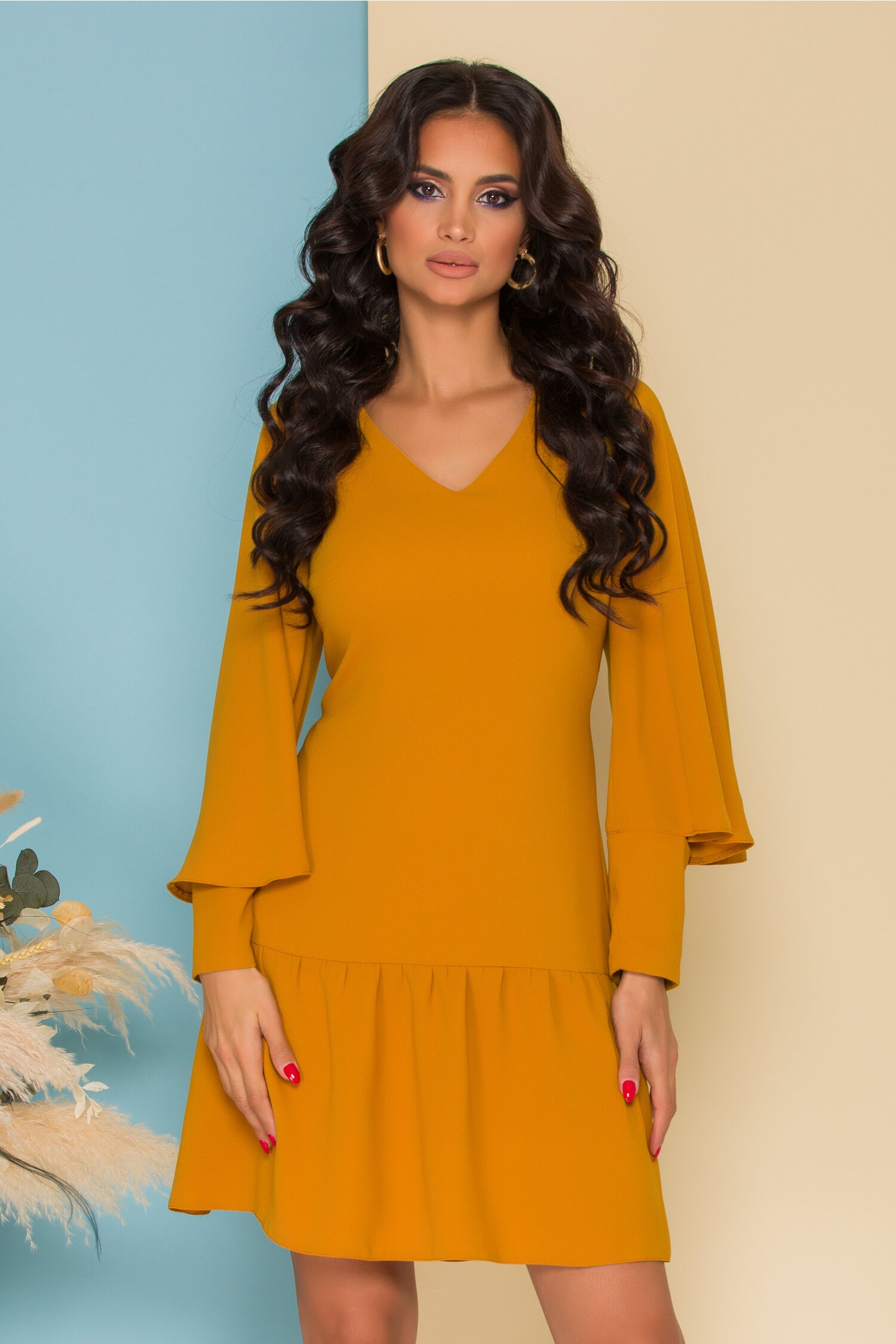 Rochie moze cocktail galben mustar cu maneci speciale