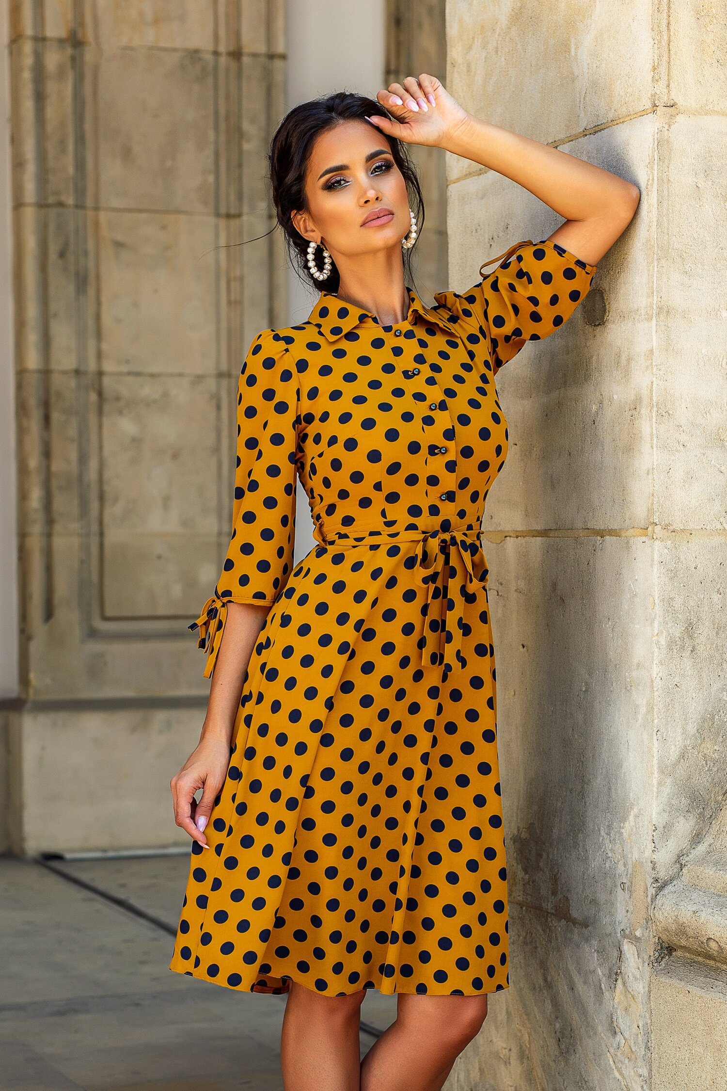 Rochie Moze galben mustar cu buline maxi