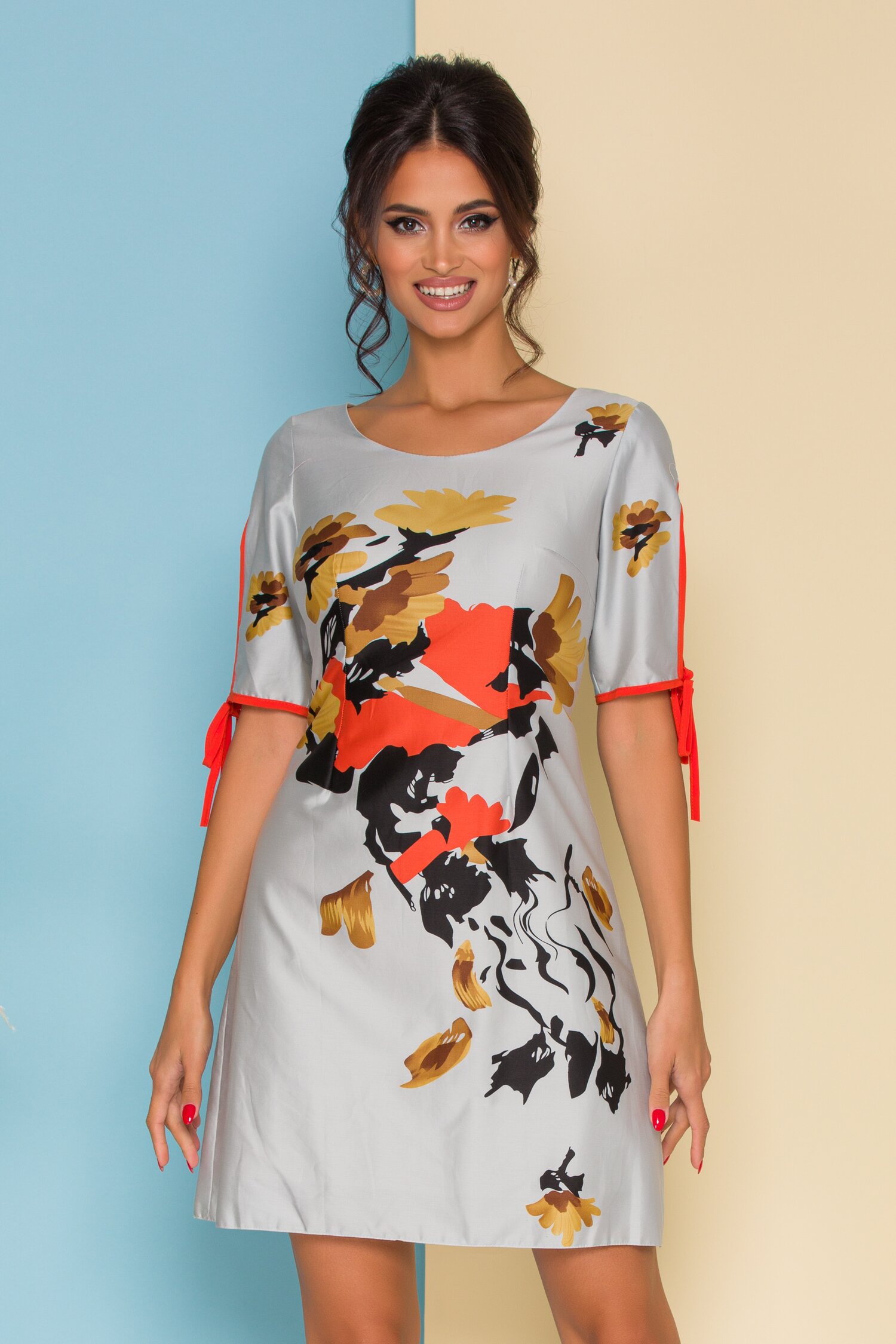 Rochie Moze gri cu imprimeuri florale orange