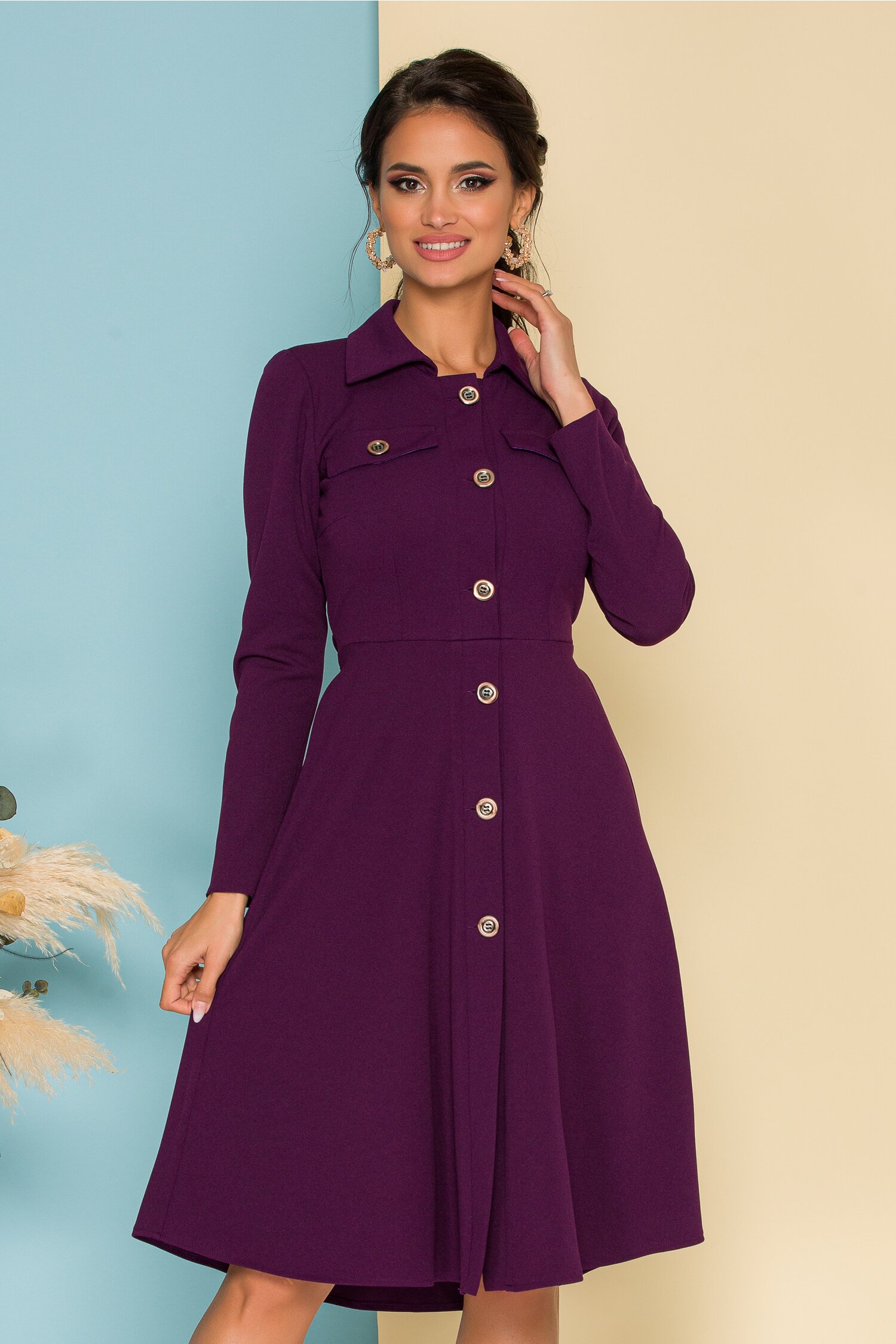 Rochie Moze mov cu nasturi si cordon in talie