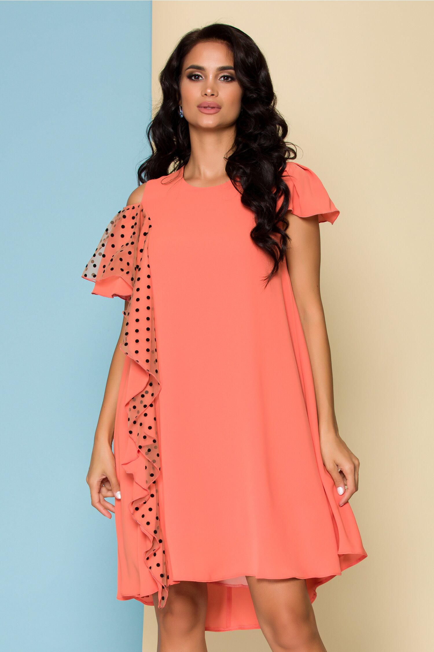 Rochie Moze orange lejera cu volan imprimat cu buline