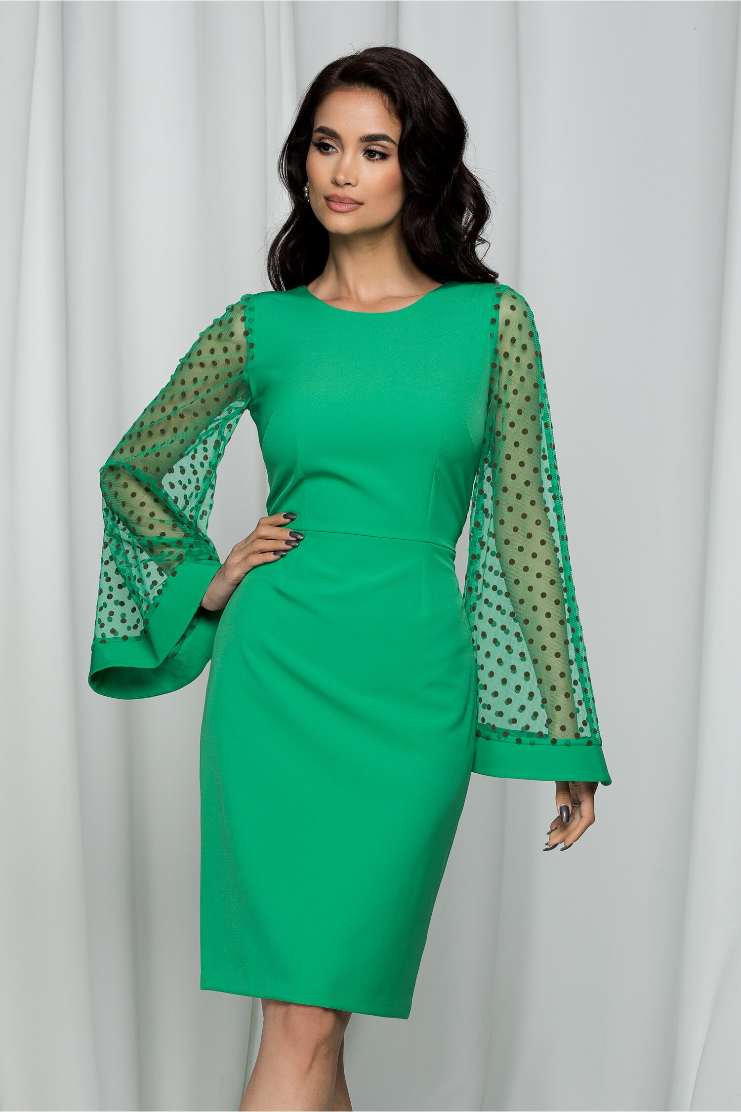 Rochie moze verde cu maneci din tull cu buline