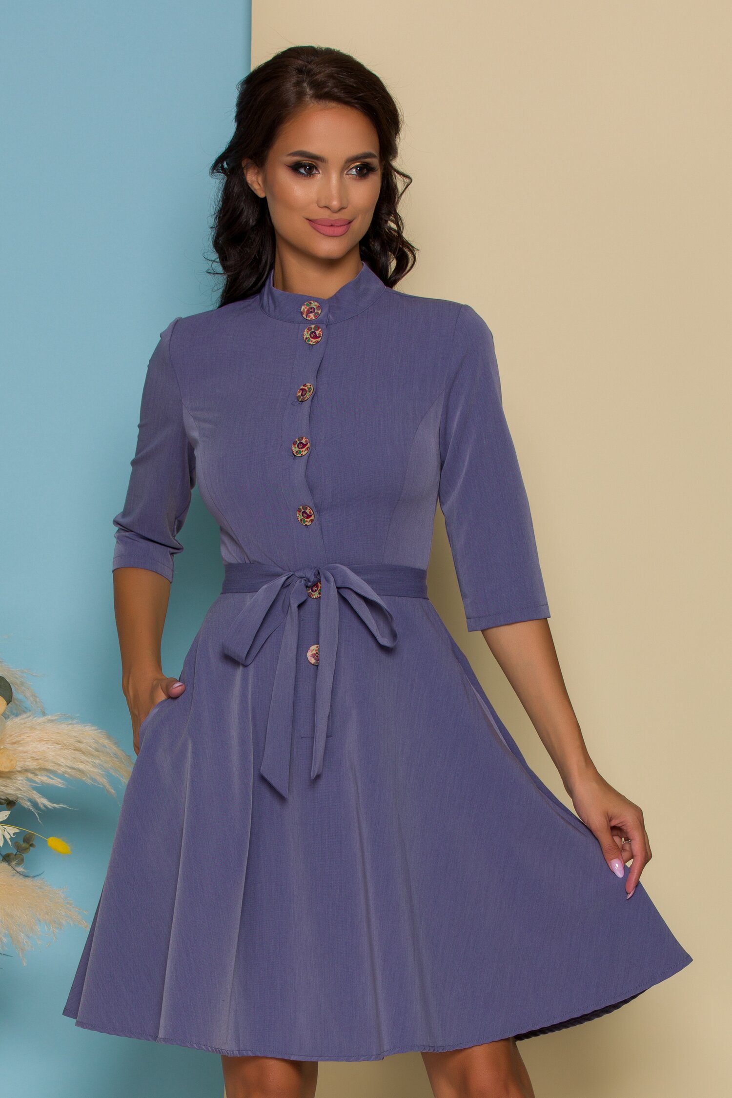 Rochie Naty bleu cu cordon in talie si inchidere cu nasturi