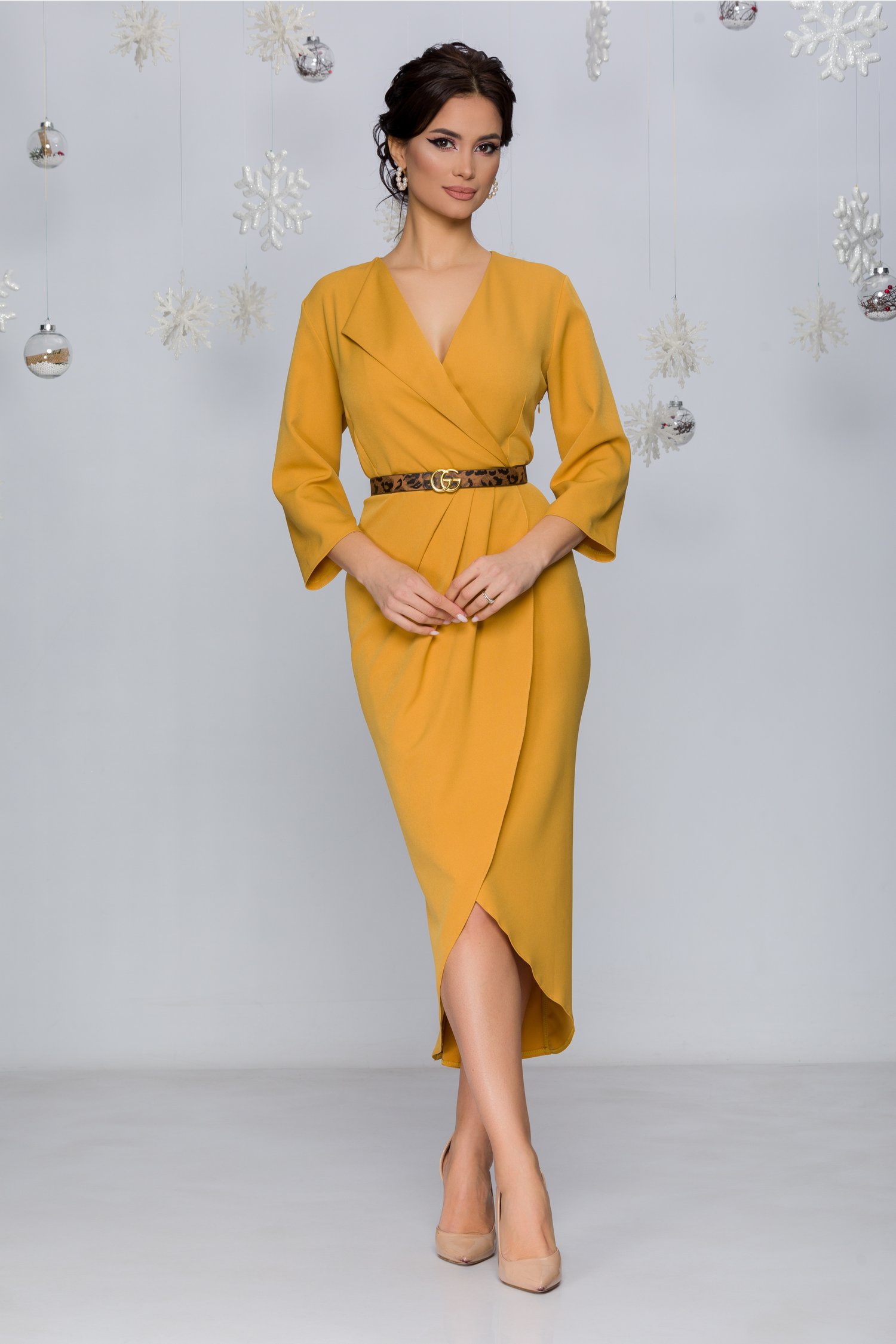 Rochie naty petrecuta galben mustar cu pliuri