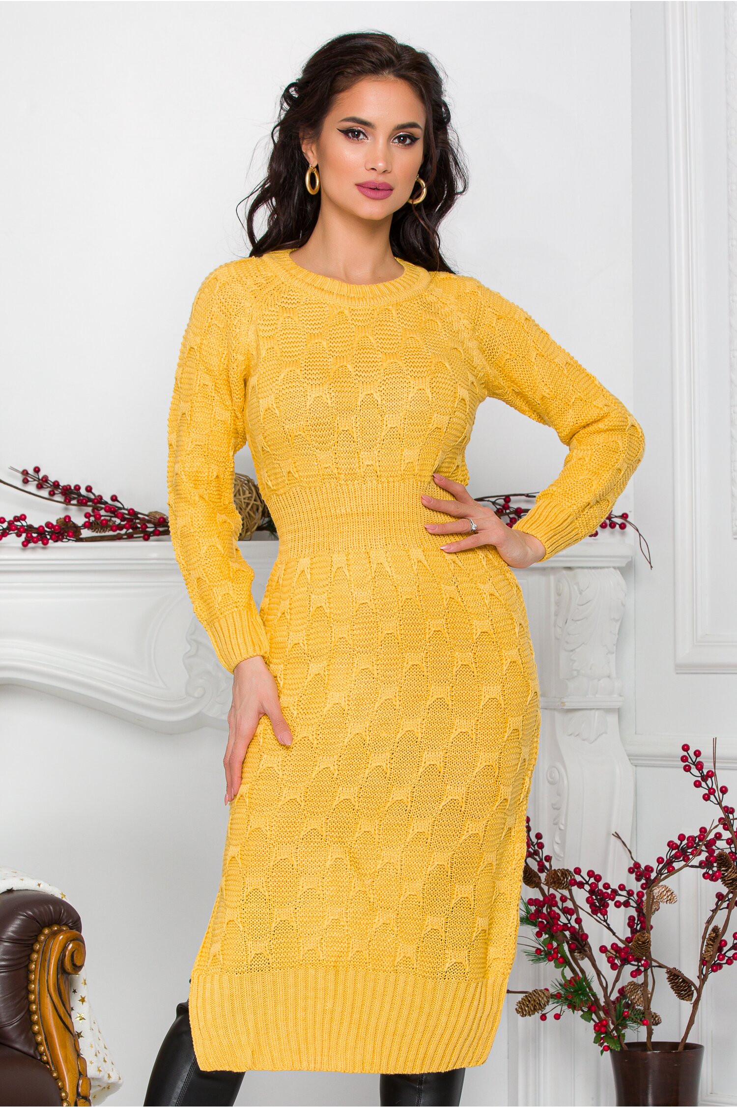 Rochie Nicolle galbena din tricot cu talia marcata