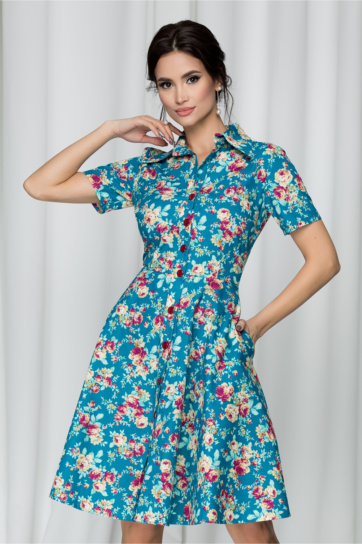 Rochie Olivia turcoaz tip camasa cu imprimeu floral