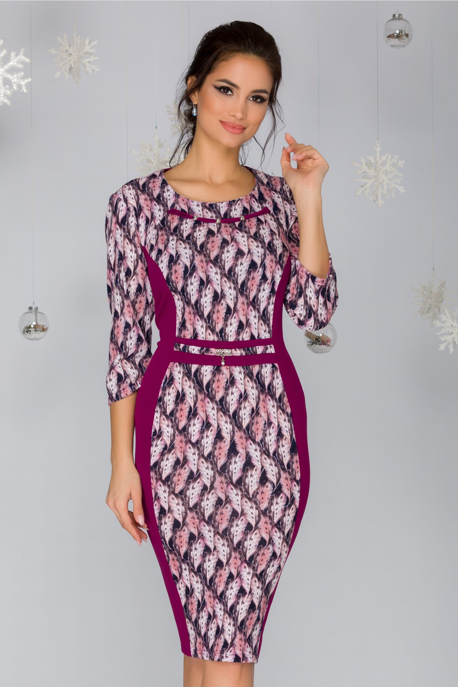 Rochie petronela magenta cu imprimeuri diverse