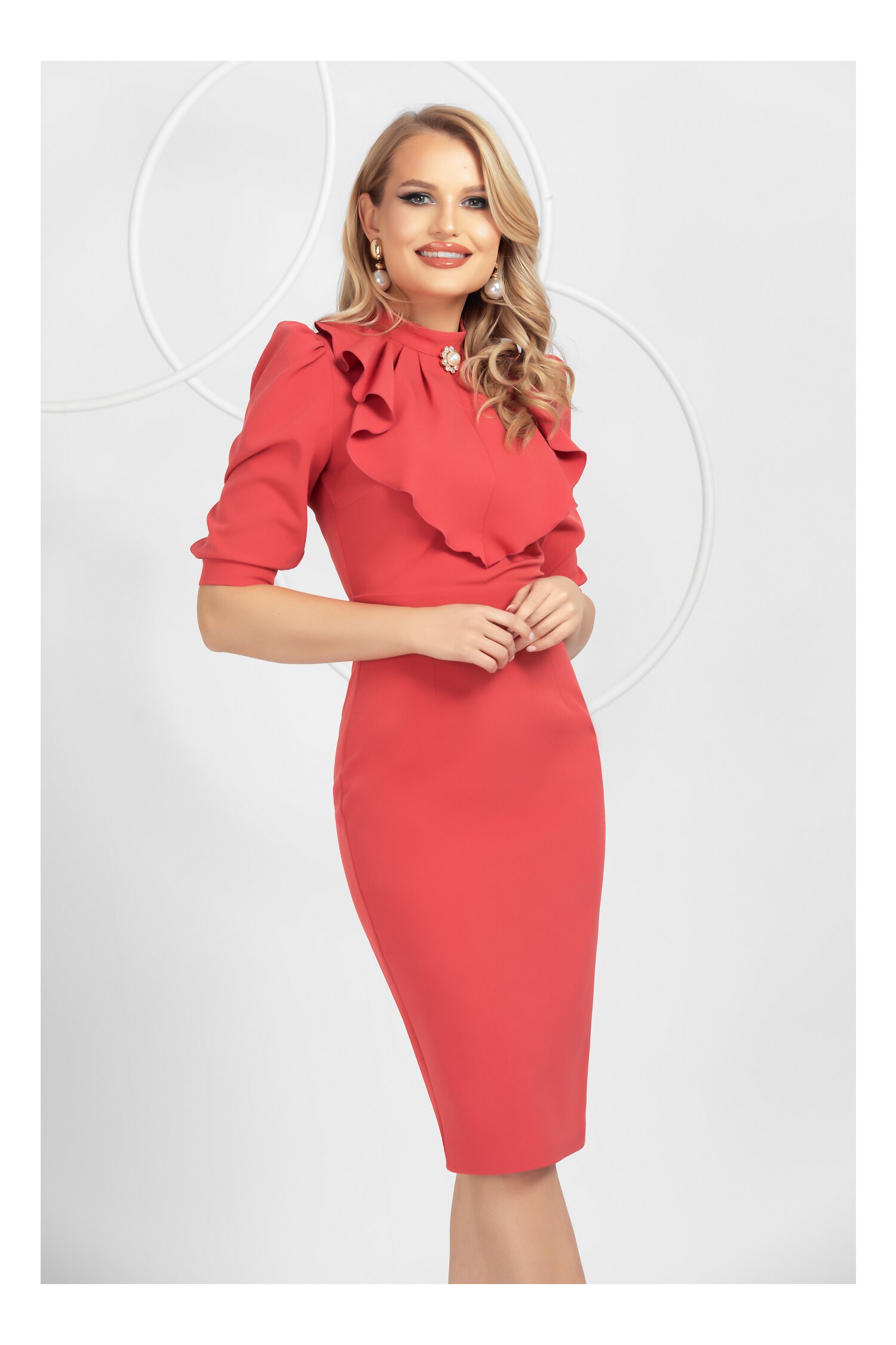 Rochie Pretty Girl conica corai cu jabou la bust