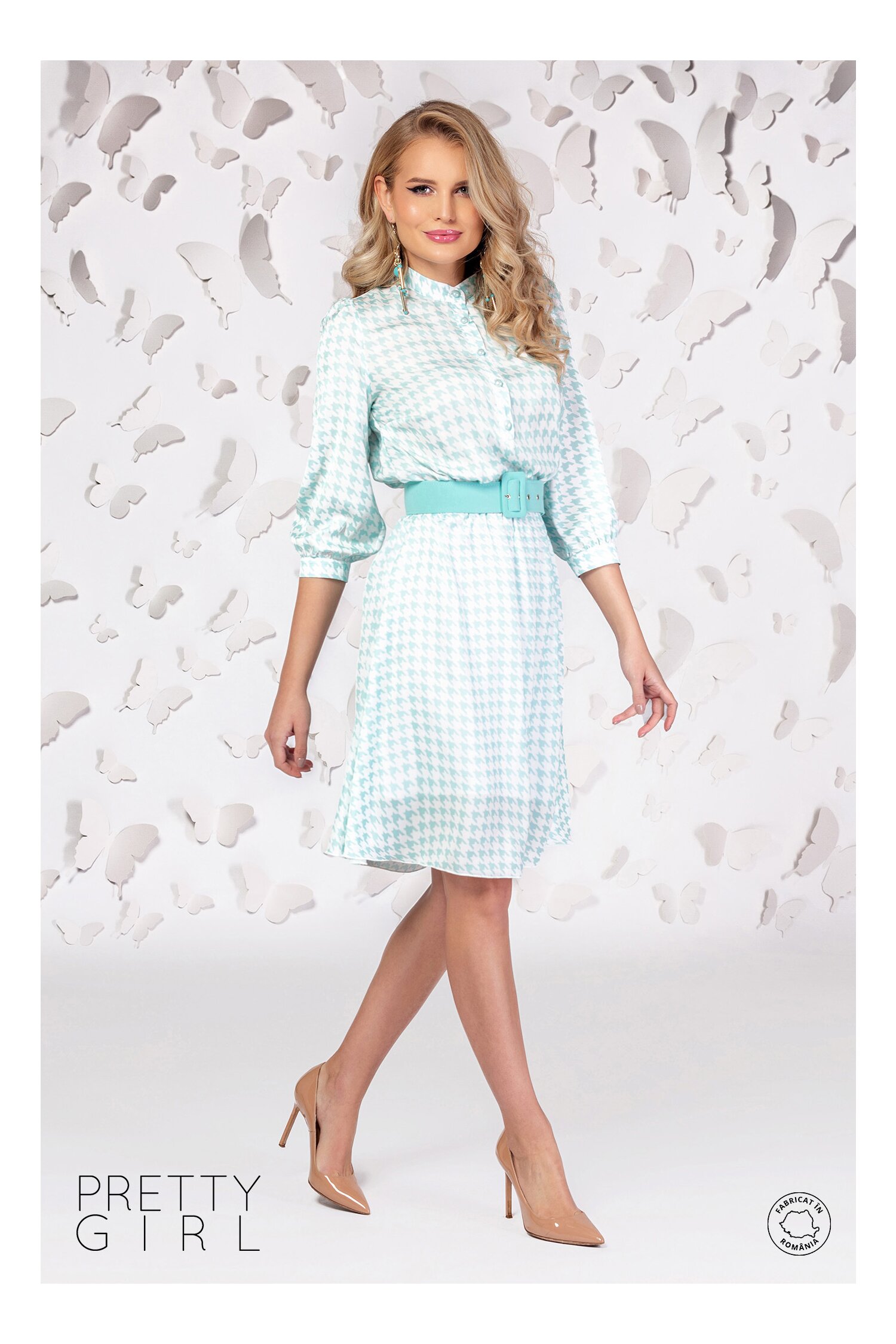 Rochie Pretty Girl midi cu imprimeu pepit verde mint si curea in talie