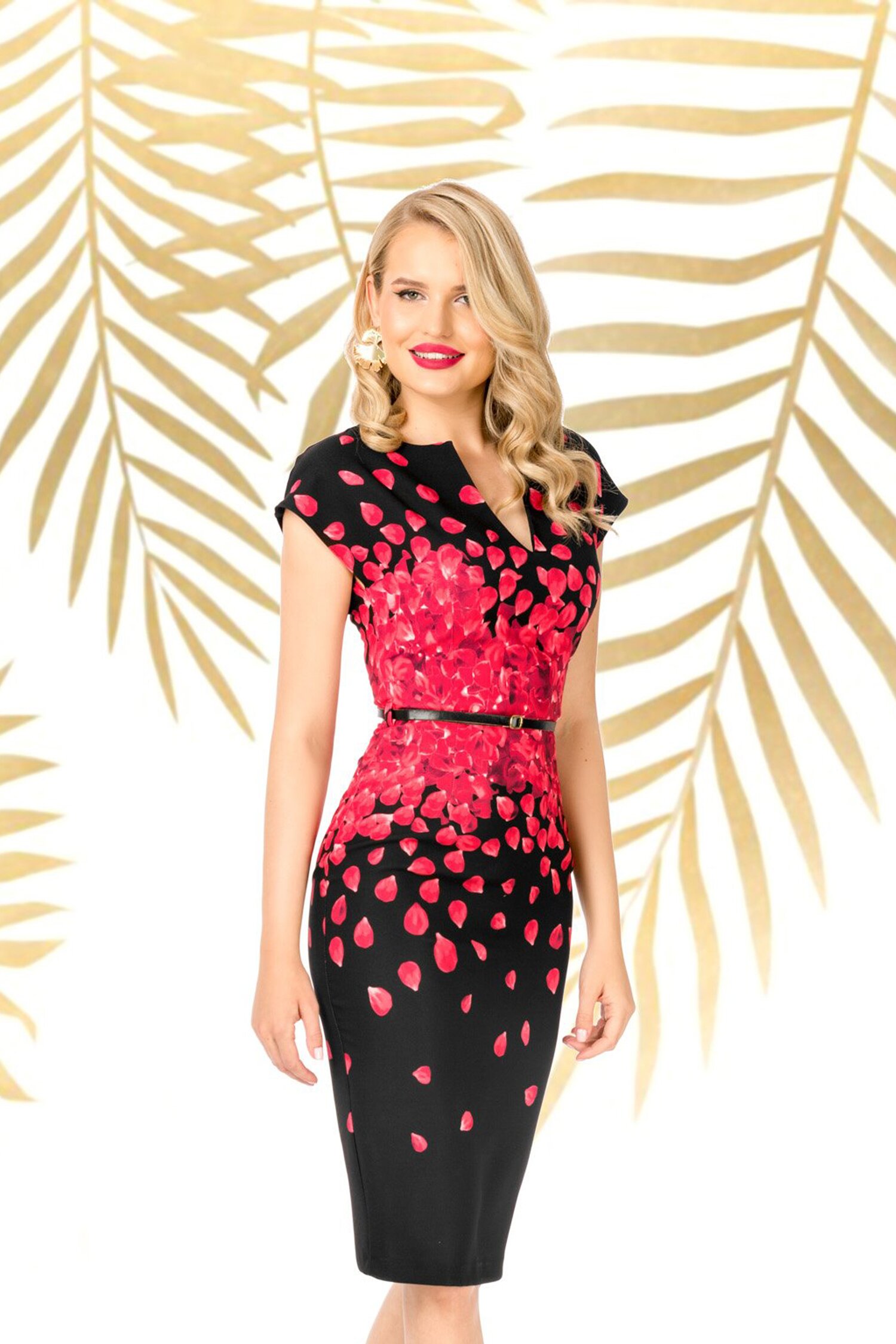 Rochie Pretty Girl neagra cu print petale si curea detasabila