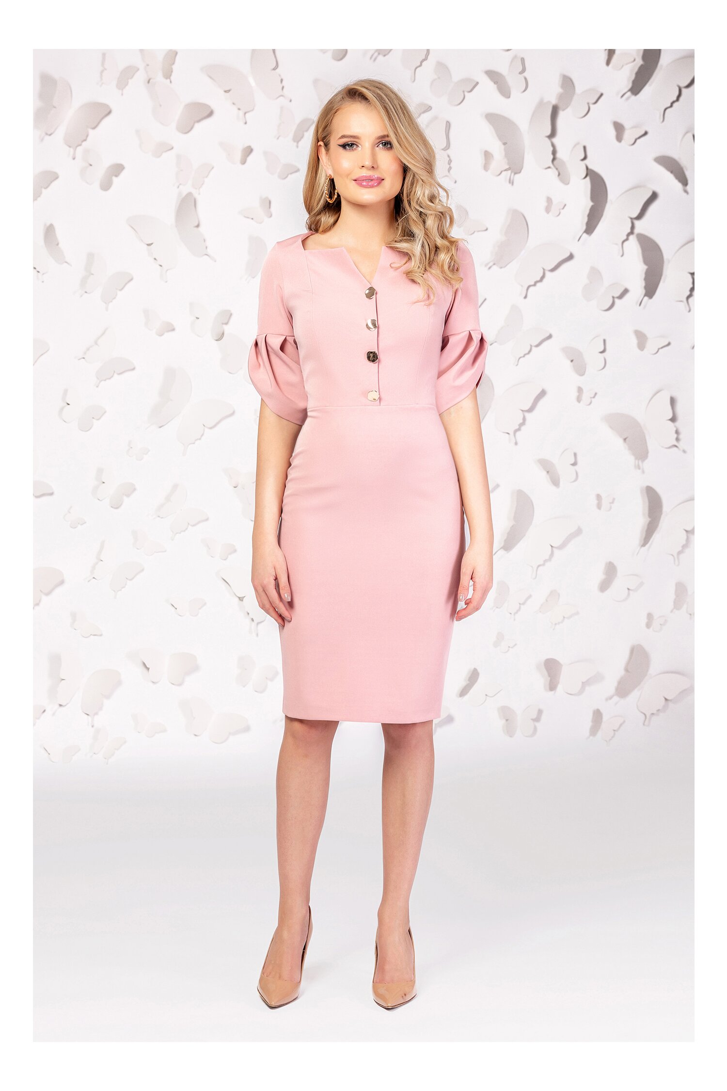 Rochie Pretty Girl roz pudra cu nasturi si maneci fantezie