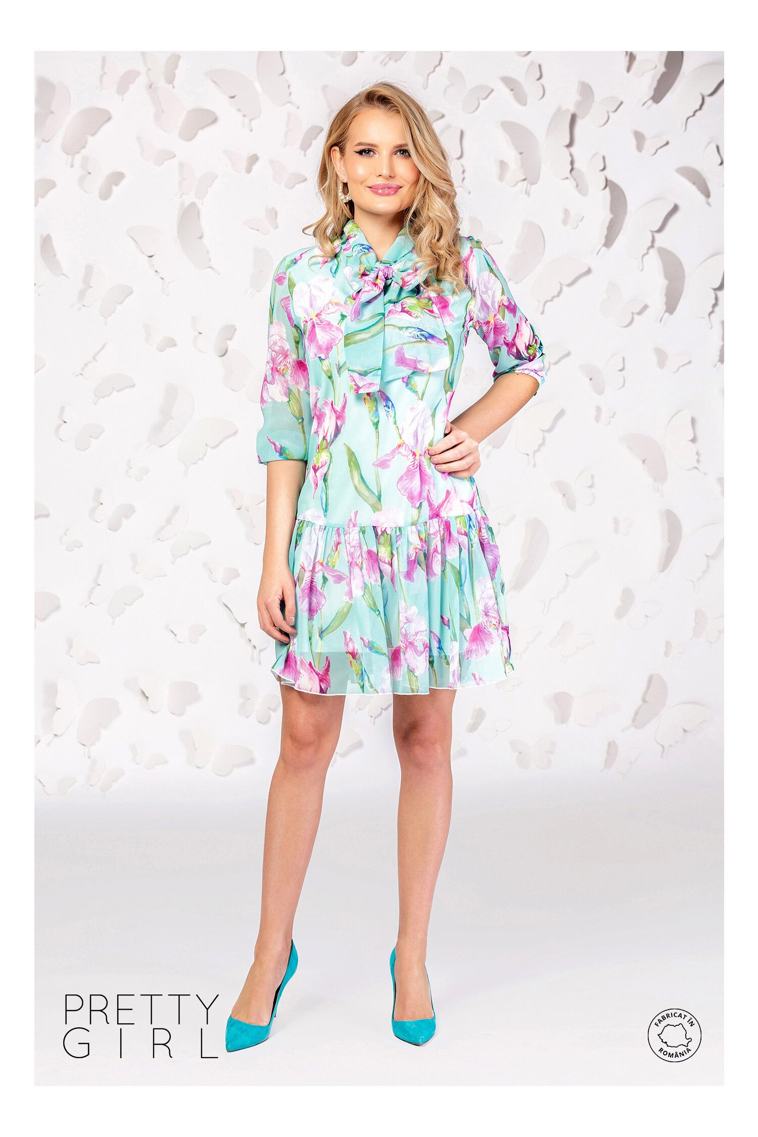 Rochie Pretty Girl turcoaz din voal cu print floral si guler tip esarfa