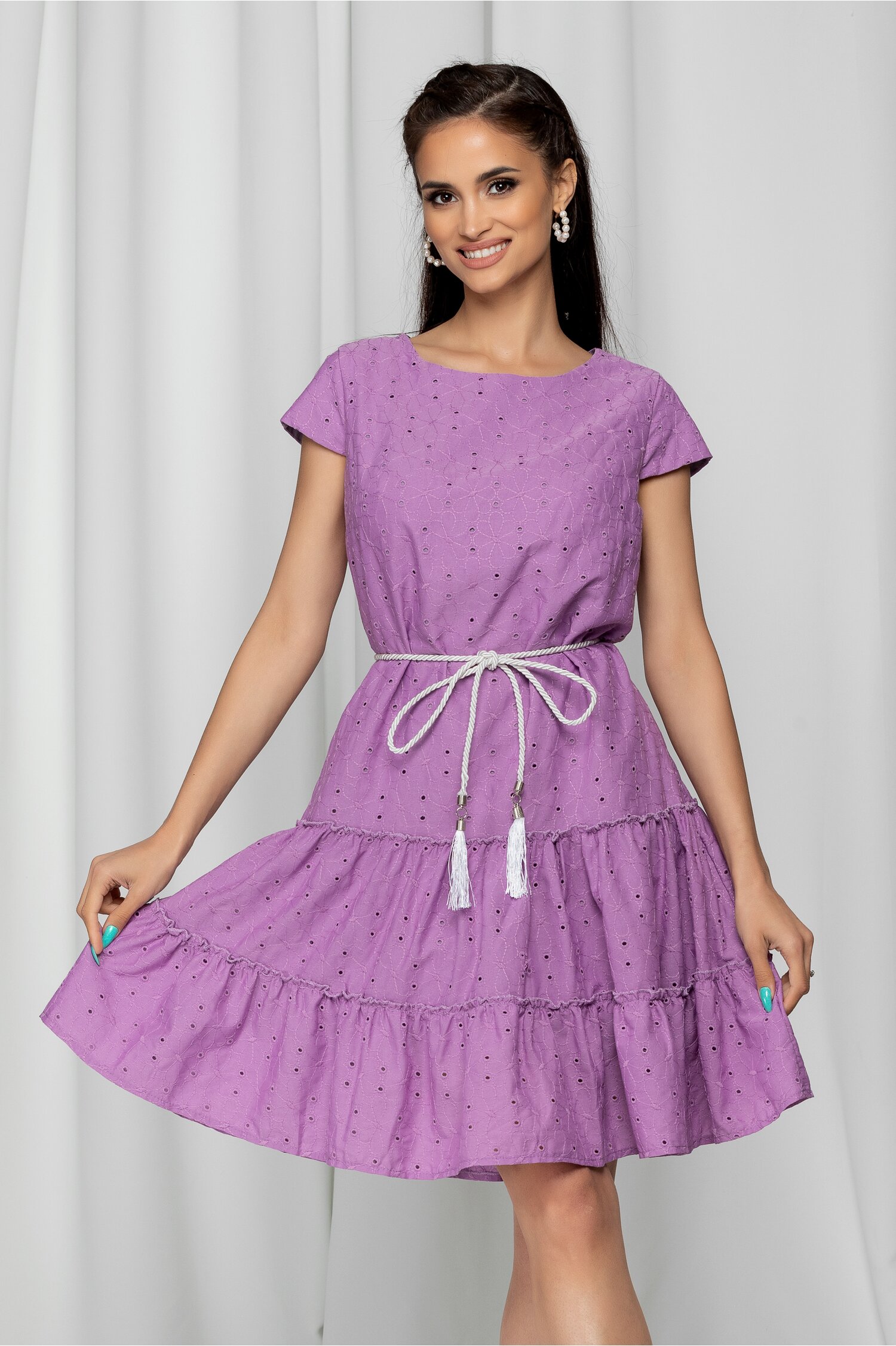 Rochie roxy mov cu perforatii si snur rasucit in talie
