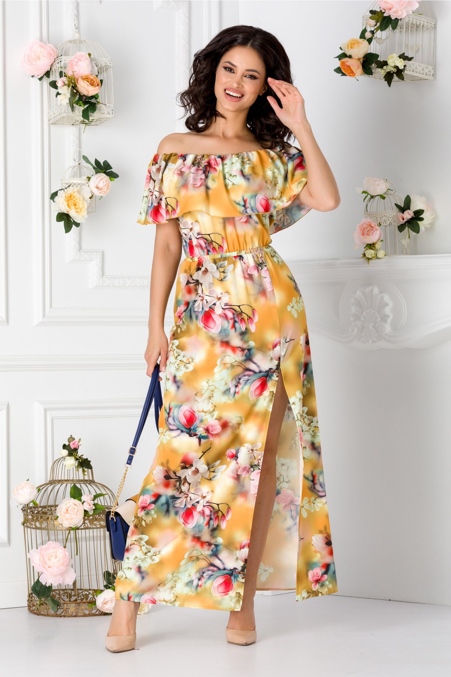 Rochie Samira lunga galbena cu imprimeu floral