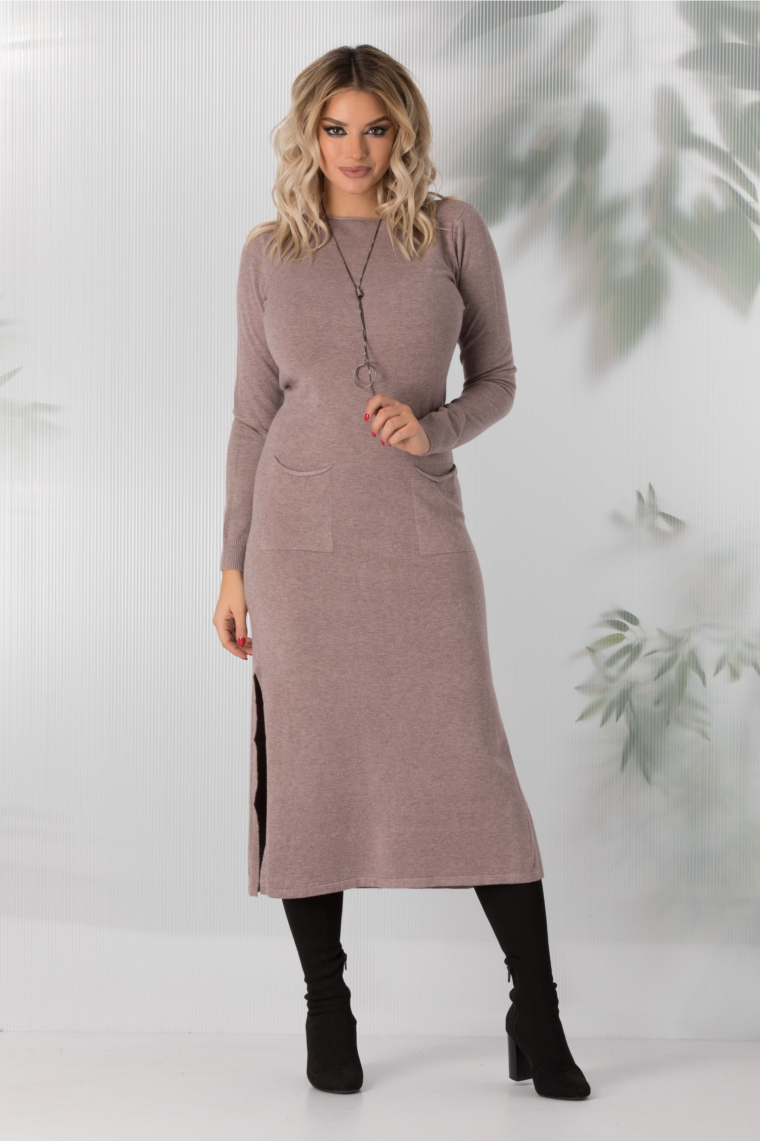 Rochie Sara tricotata nude rose cu buzunare