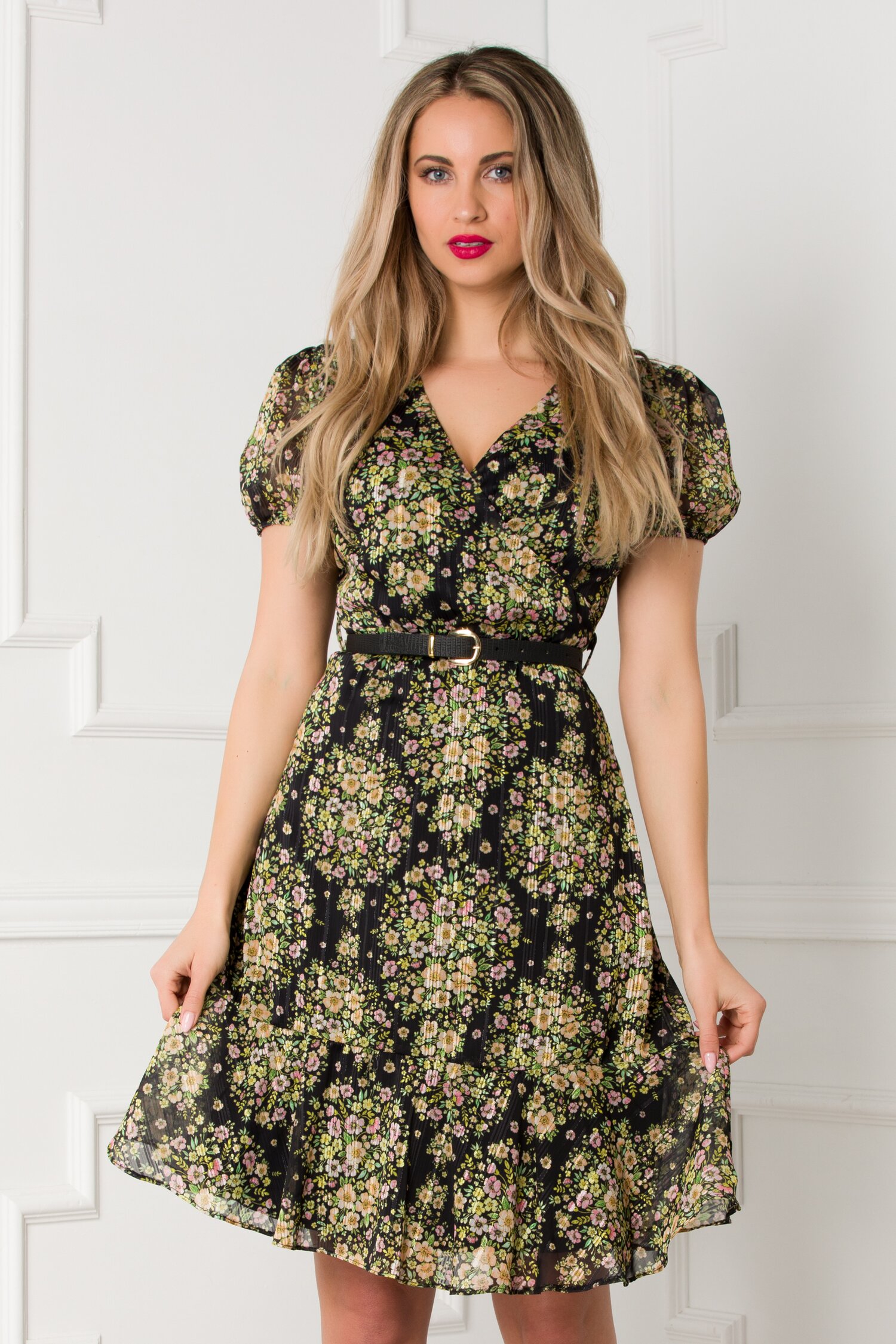 Rochie Selle neagra cu imprimeu floral si lurex auriu