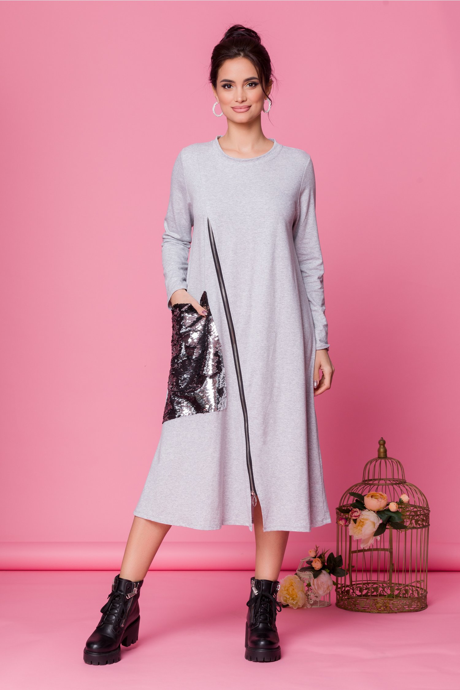 Rochie shine gri cu buzunar maxi din paiete reversibile