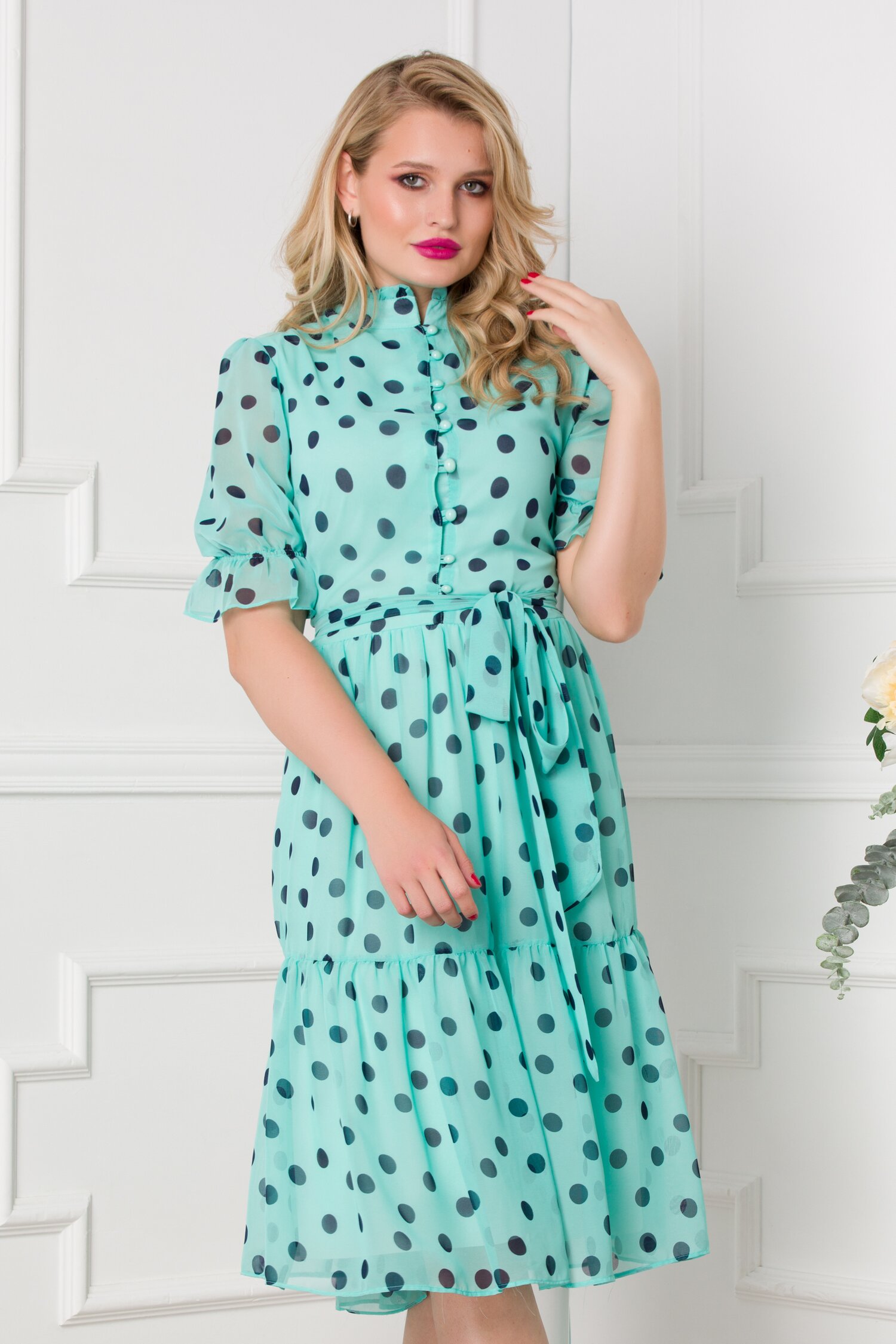 Rochie Simi turcoaz cu buline bleumarin