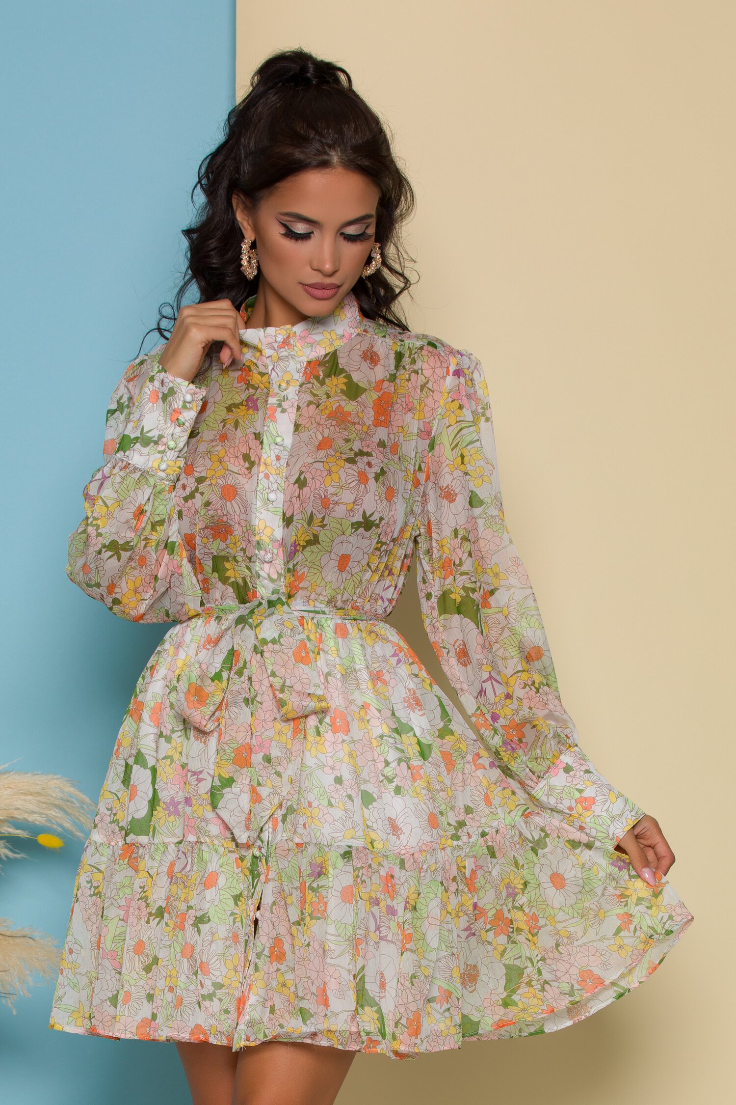 Rochie Sonia vaporoasa cu imprimeuri florale verzi