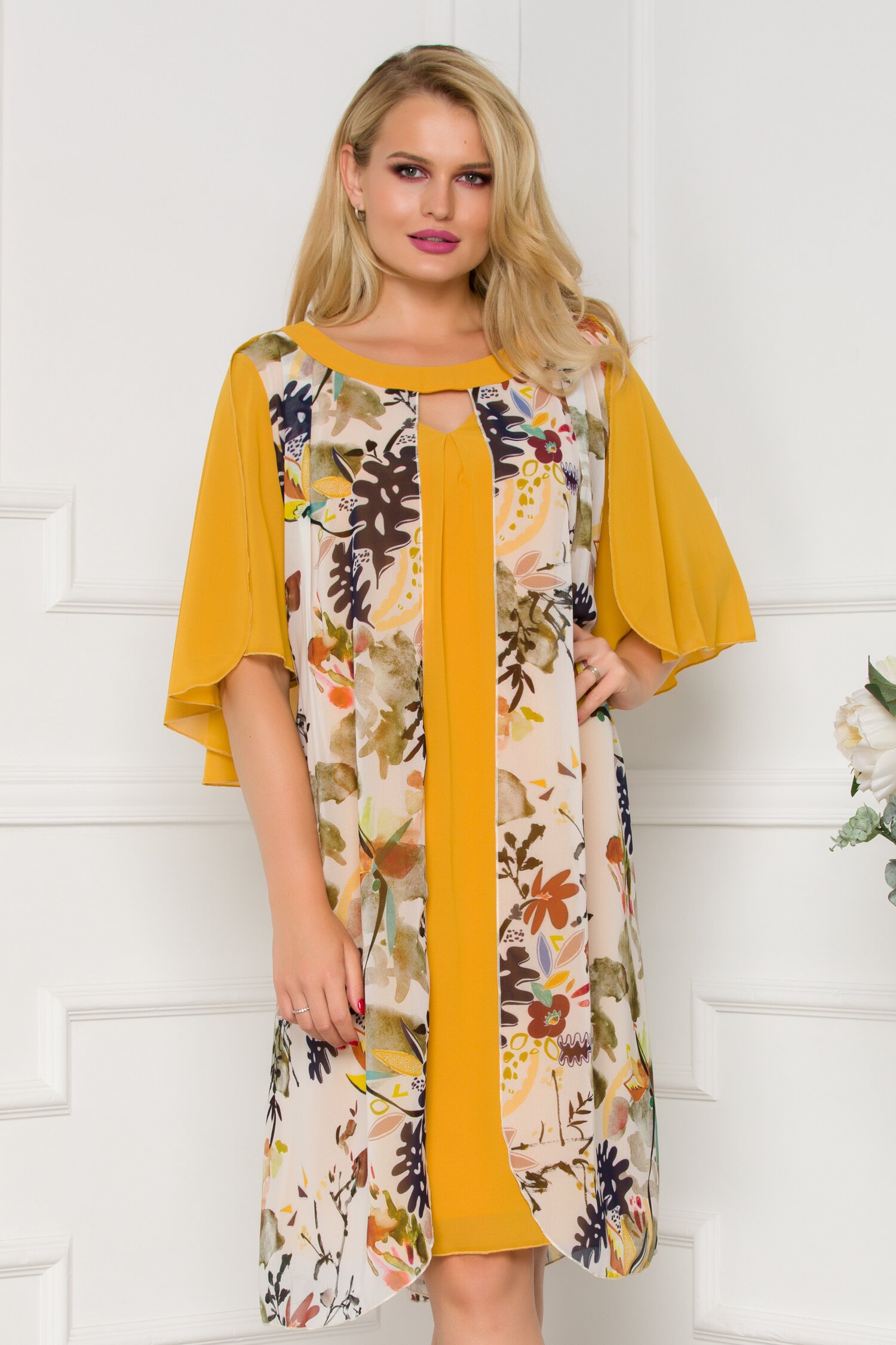 Rochie Sophia galben mustar cu imprimeu floral
