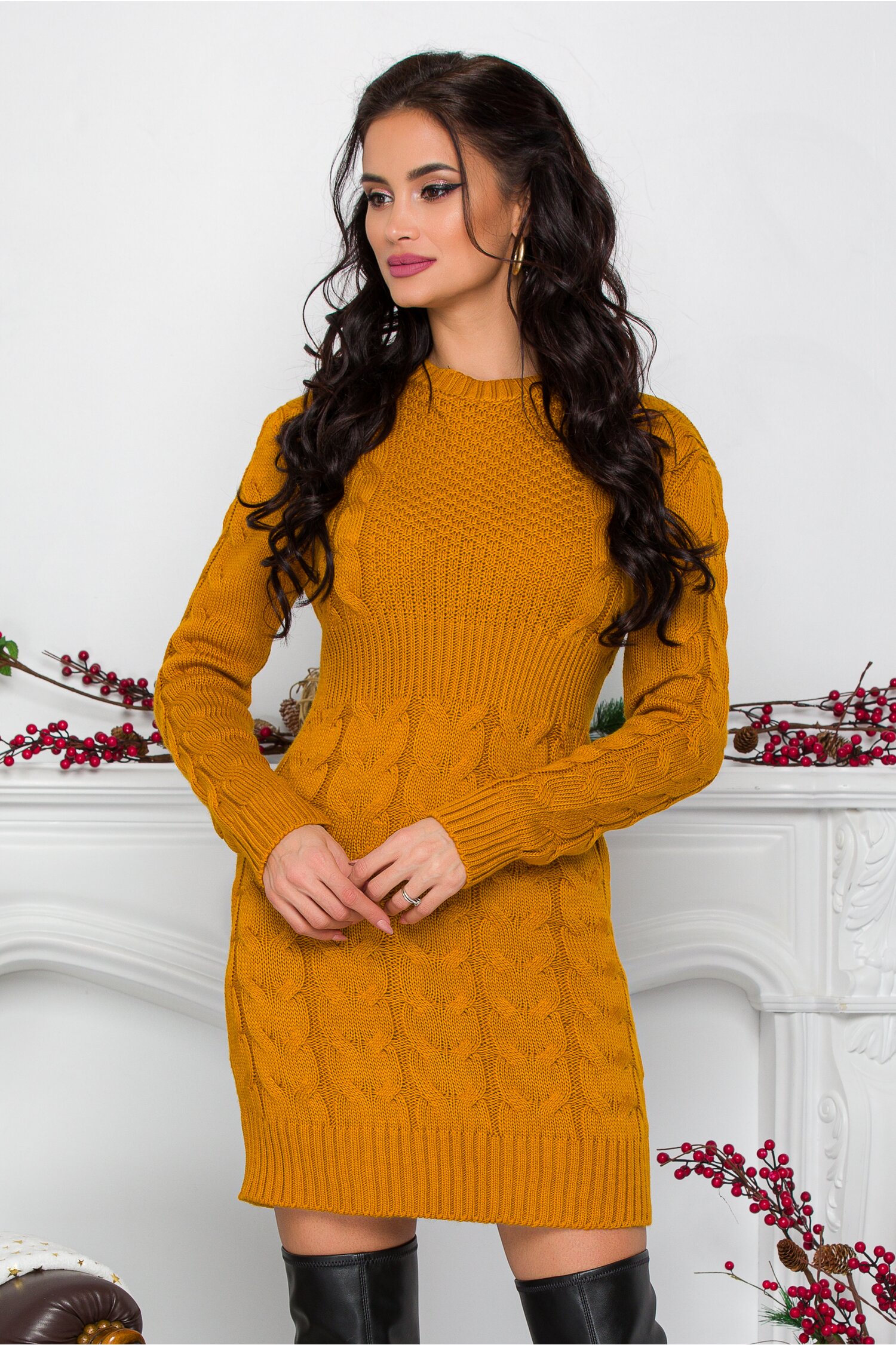 Rochie Tara galben mustar din tricot cu design impletit