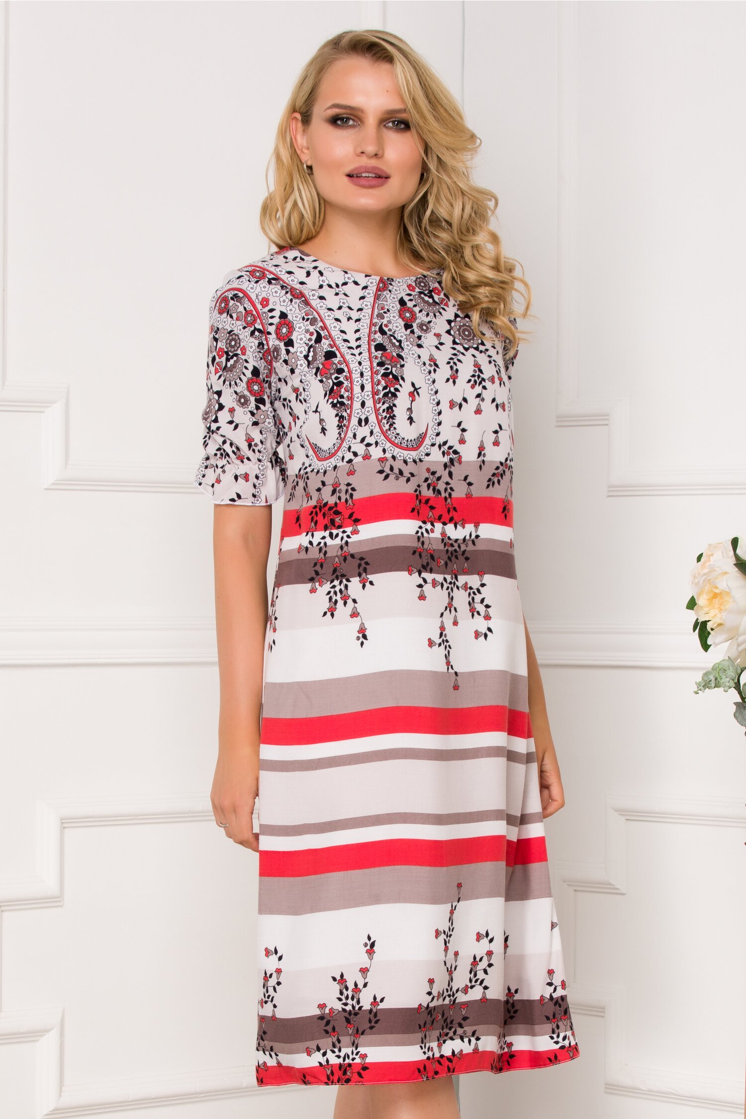 Rochie Valeria cu imprimeuri florale si dungi caramizii