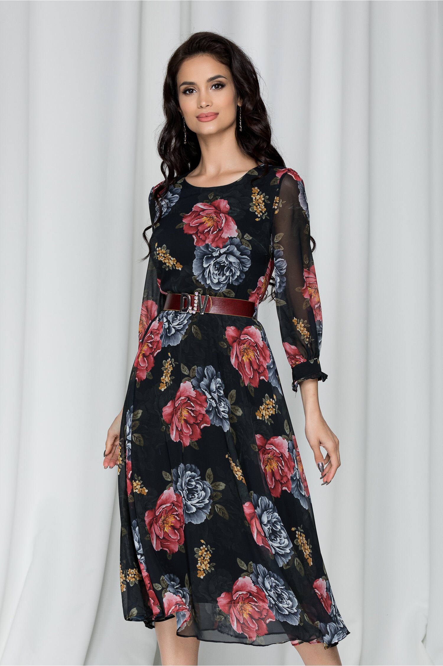 Rochie Vera neagra cu imprimeuri florale bordo