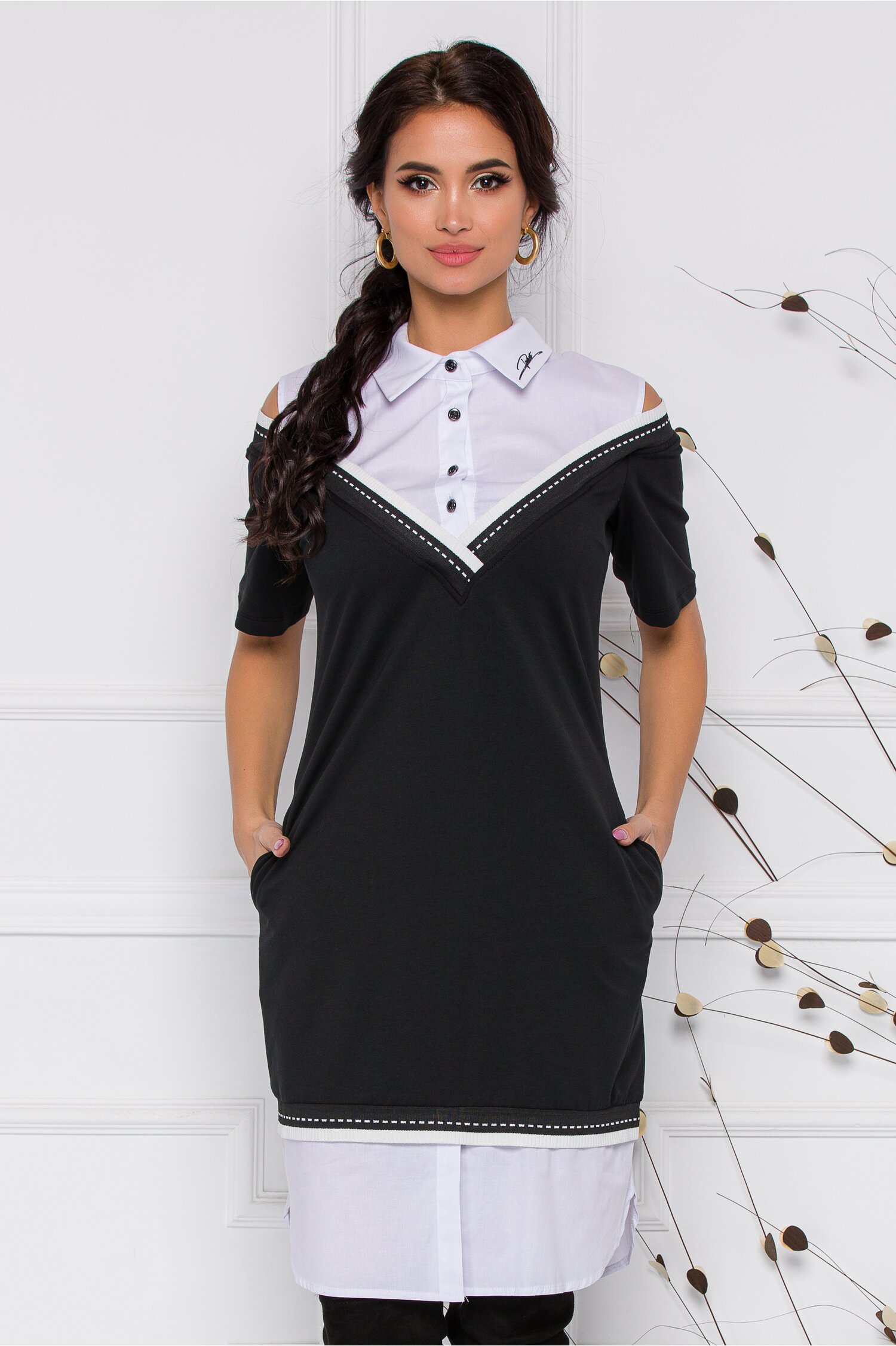 Rochie Zari neagra cu design tip camasa