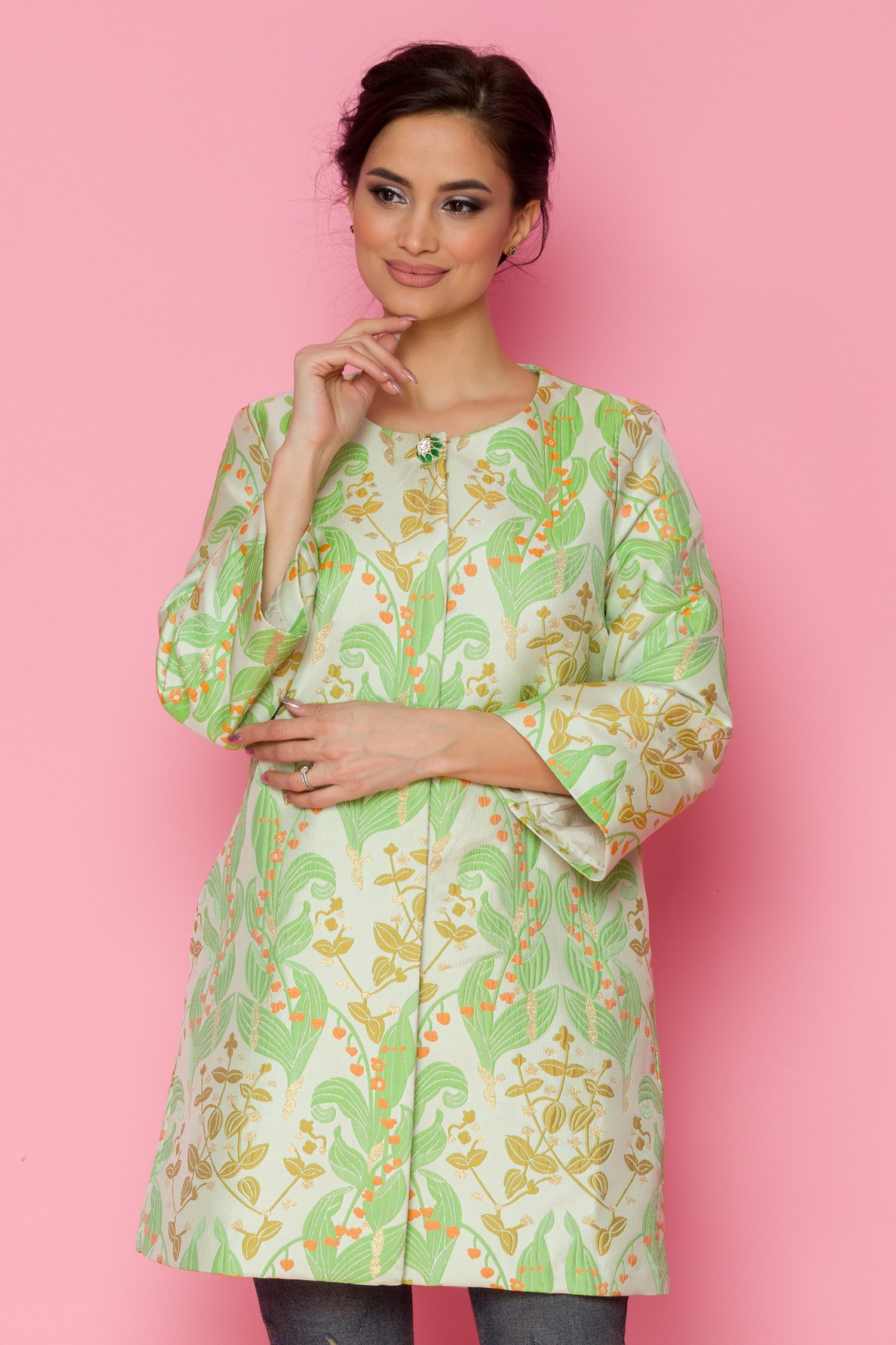 Trench cami ivoire cu imprimeuri florale