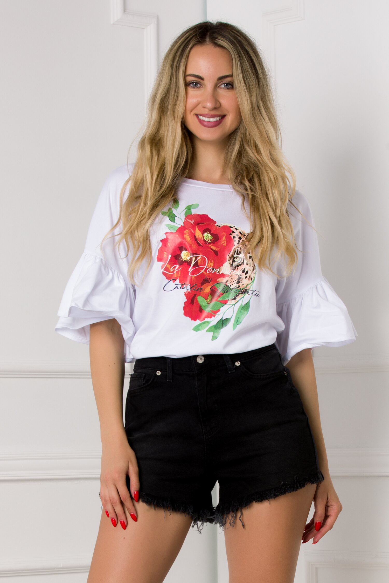 Tricou alb LaDonna by Catalin Botezatu cu maneci evazate si imprimeu maxi