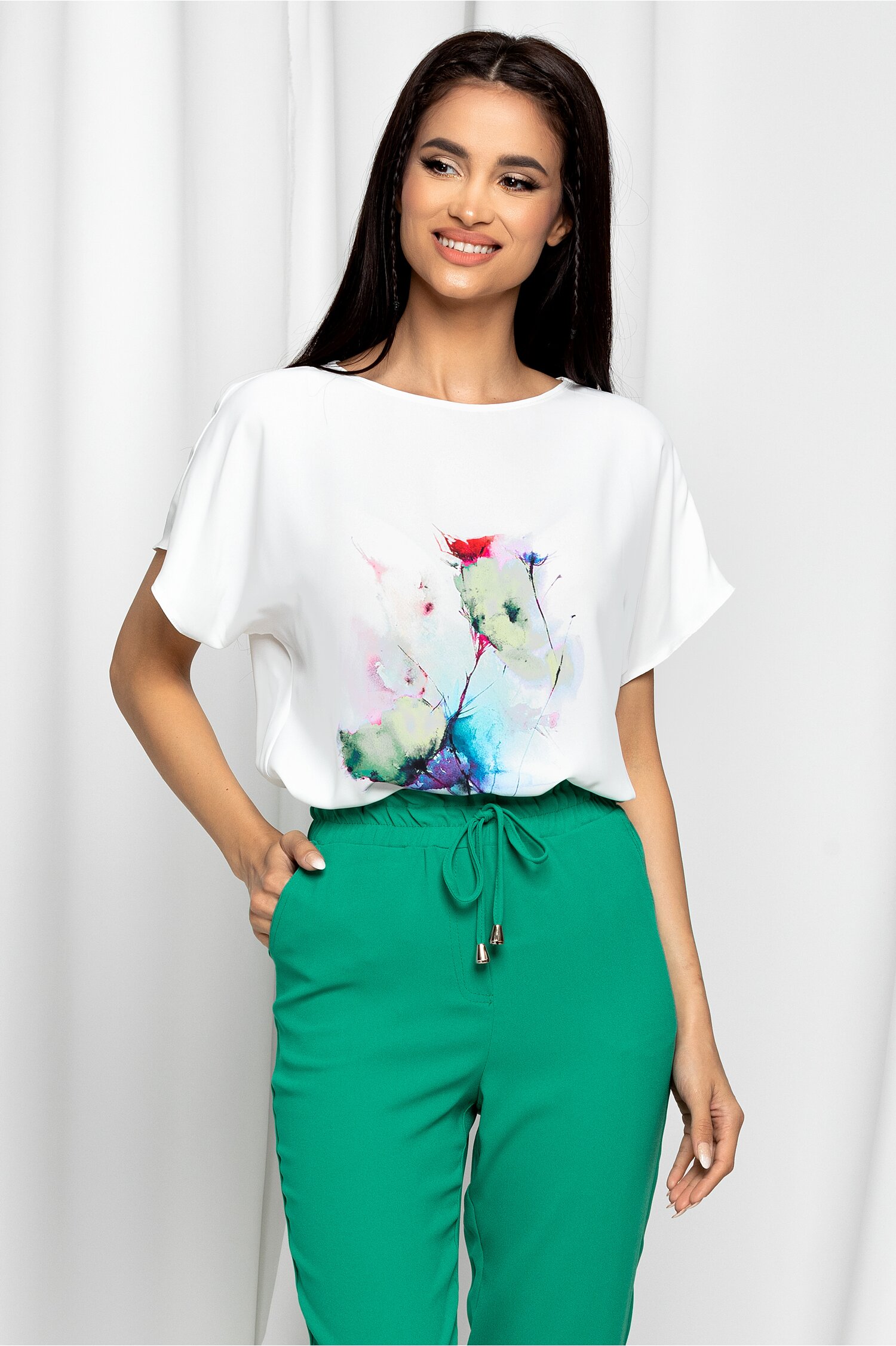 Tricou ladonna by dyfashion alb cu imprimeu floral verde lime si rosu