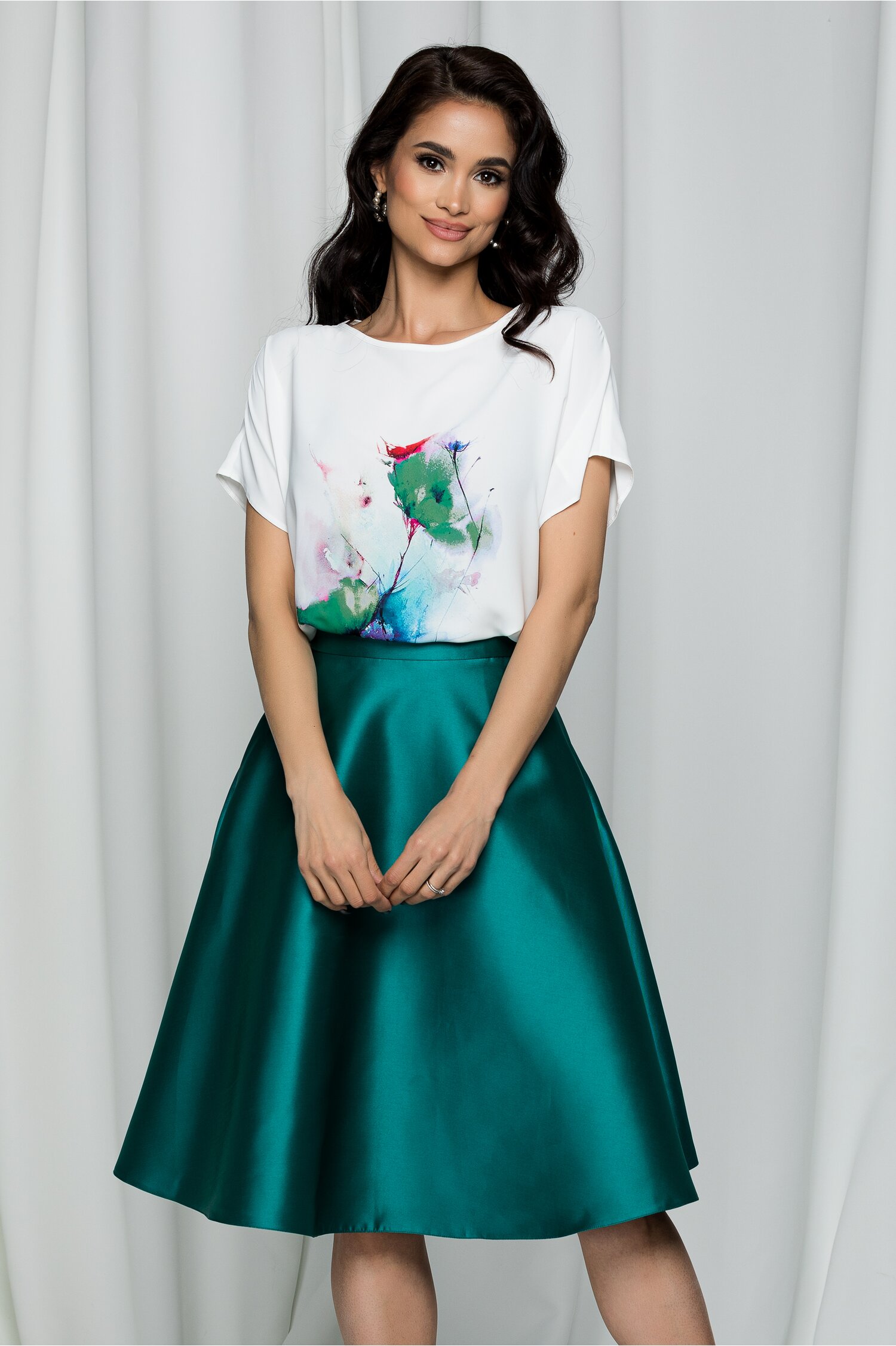 Tricou ladonna by dyfashion alb cu imprimeu floral verde si rosu