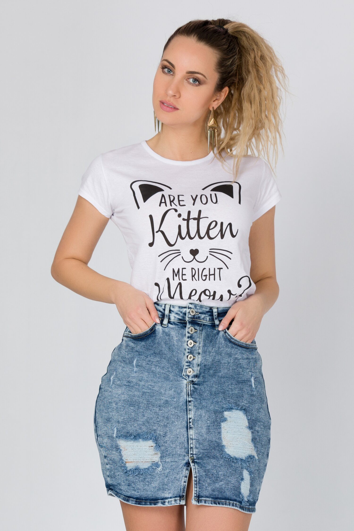 Tricou Kitten alb cu imprimeu si mesaj