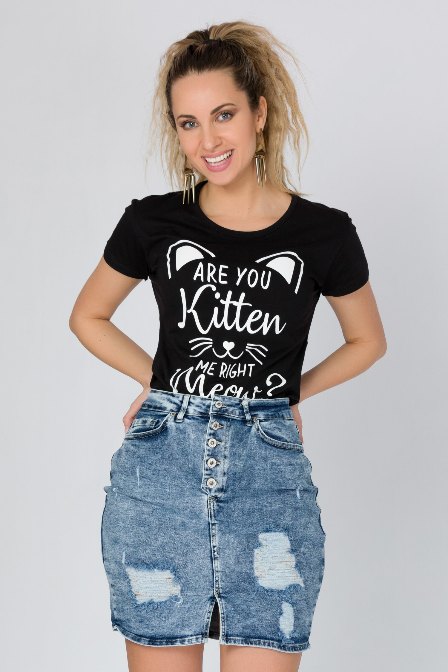 Tricou Kitten negru cu imprimeu si mesaj