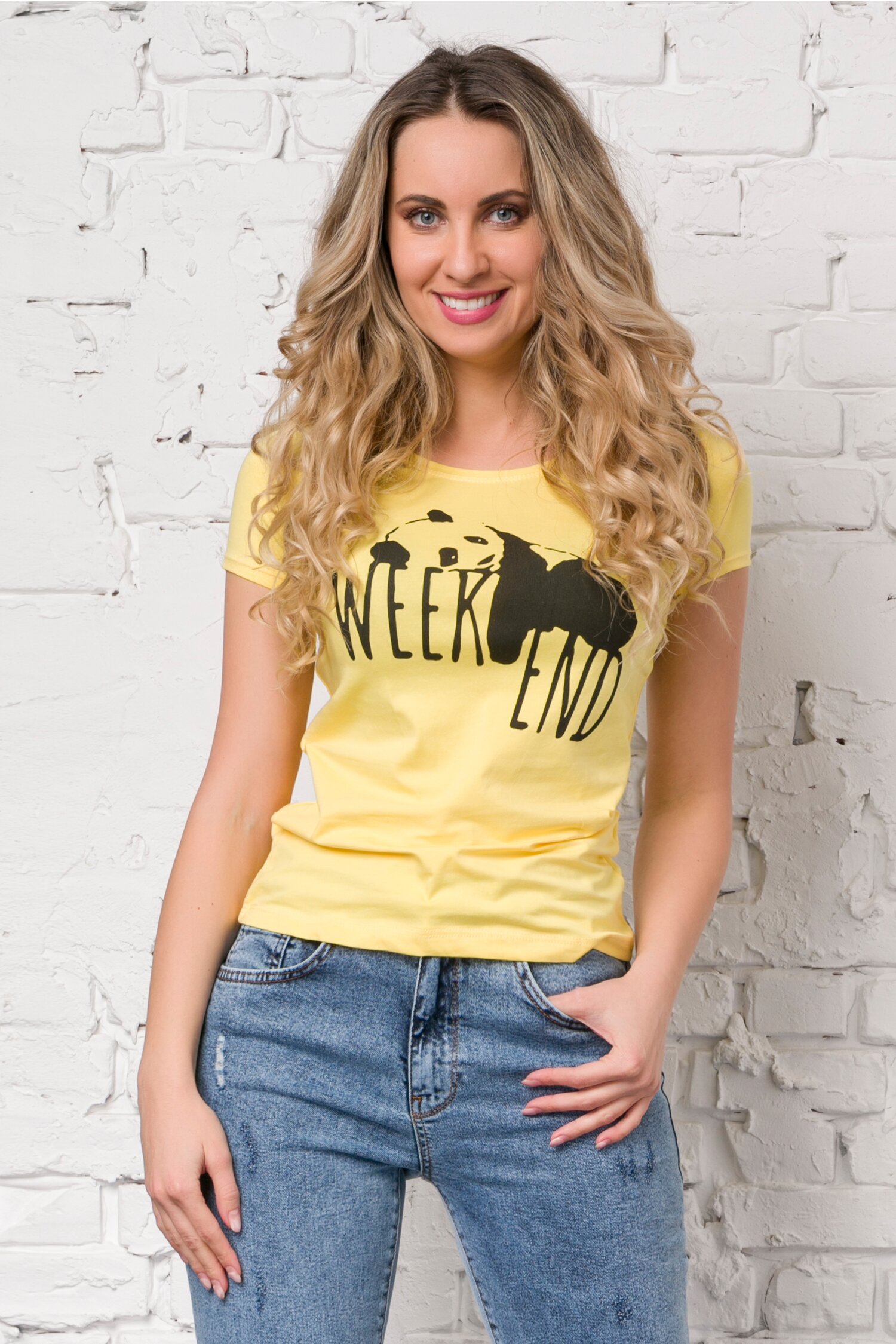 Tricou Weekend galben cu imprimeu text