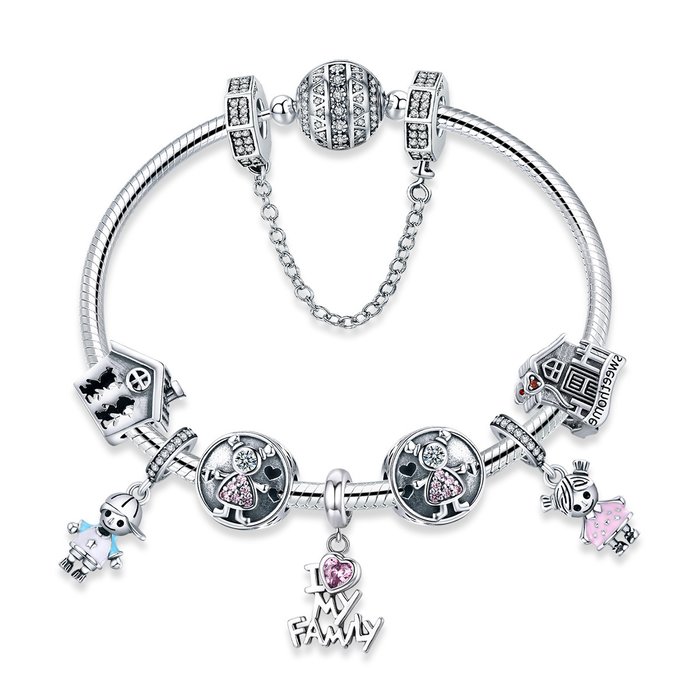 Bratara din argint 925 cu lantisor de siguranta si talismane family gift