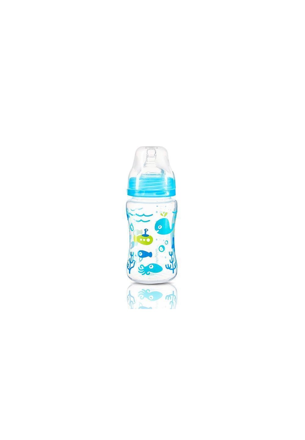 Biberon anti-colici cu gat larg, + 0 luni, 240ml, albastru cu pestisori