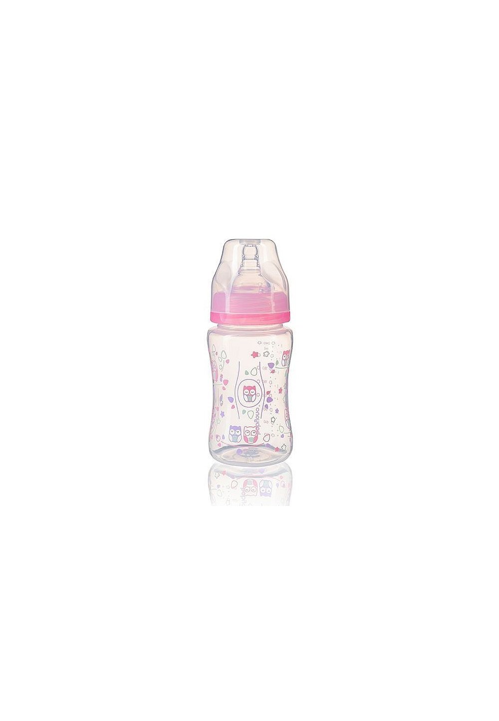 Biberon anti-colici cu gat larg, + 0 luni, 240ml, roz cu bufnite