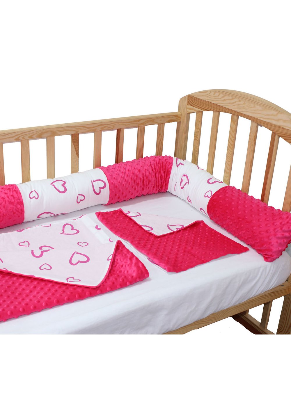 Lenjerie 5 piese, cu bumper, roz inchis, inimioare, 120 x 60 cm