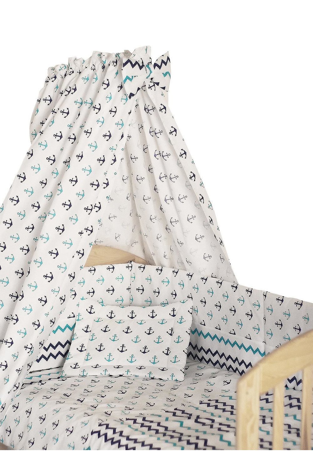 Lenjerie cu baldachin, 6 piese, ancore, 120x60 cm