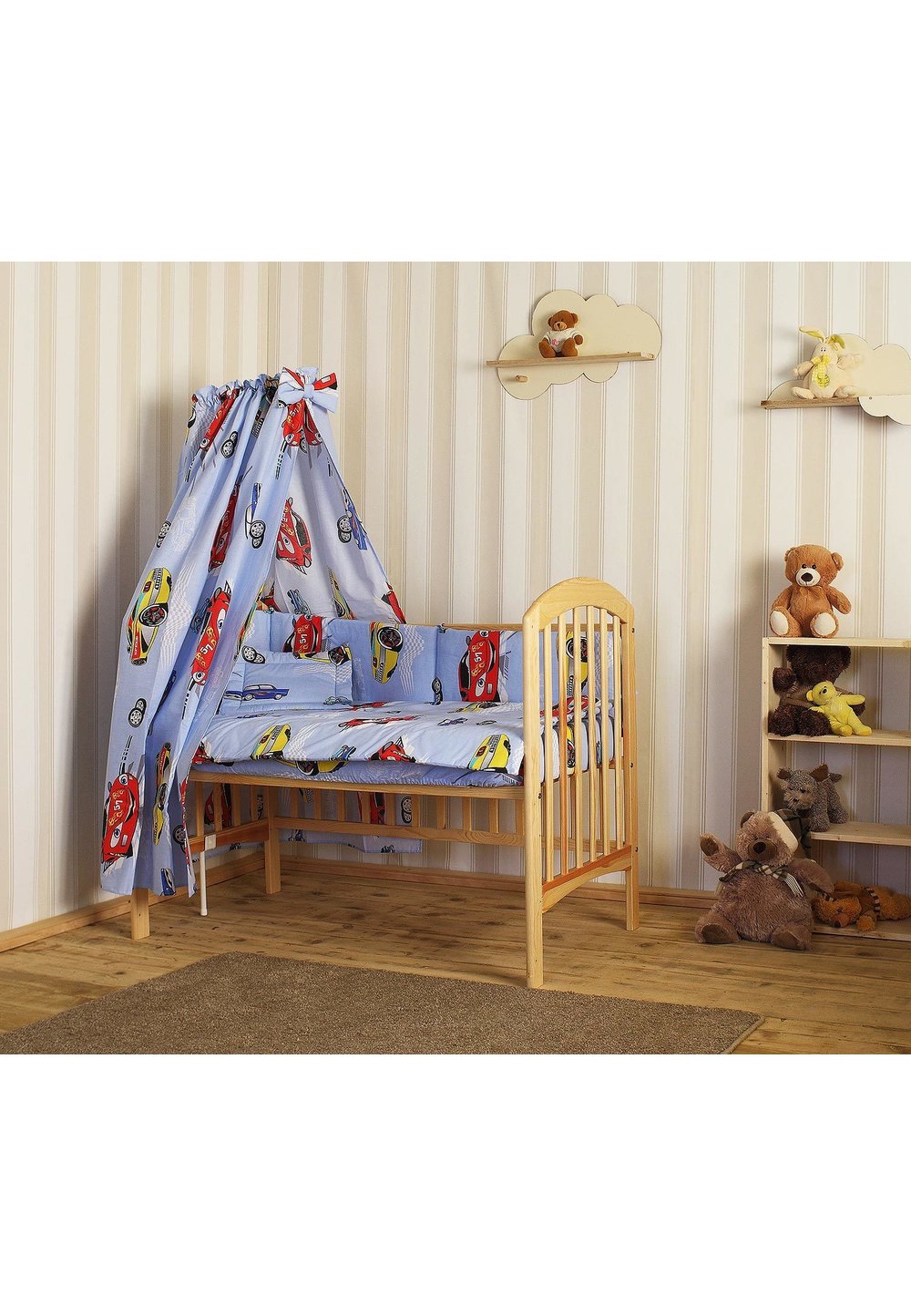 Lenjerie cu baldachin, 6 piese, masinute mari, albastre, 120x60 cm