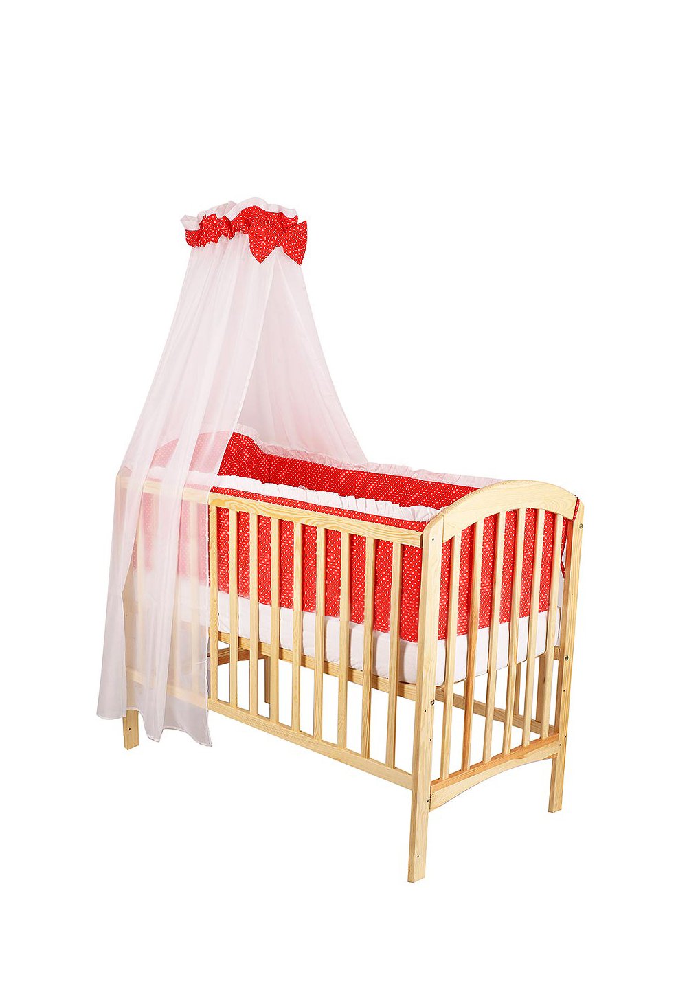 Lenjerie cu baldachin, 6 piese, rosu cu buline albe, 120x60 cm