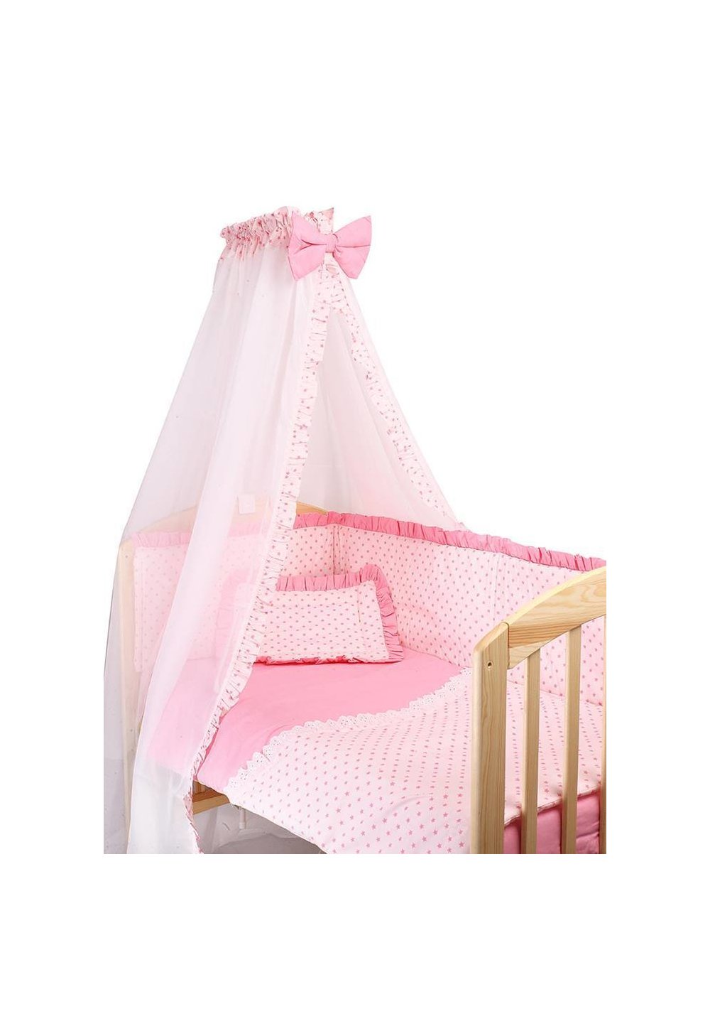 Lenjerie cu baldachin, 6 piese, roz cu stelute roz, 140x70 cm