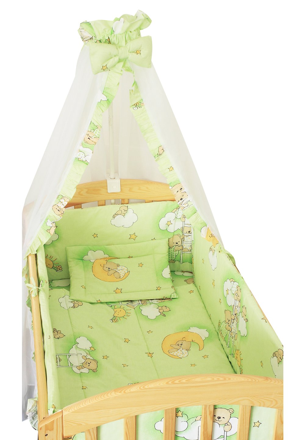 Lenjerie cu baldachin, 6 piese, ursuletul somnoros verde, 120 x 60 cm