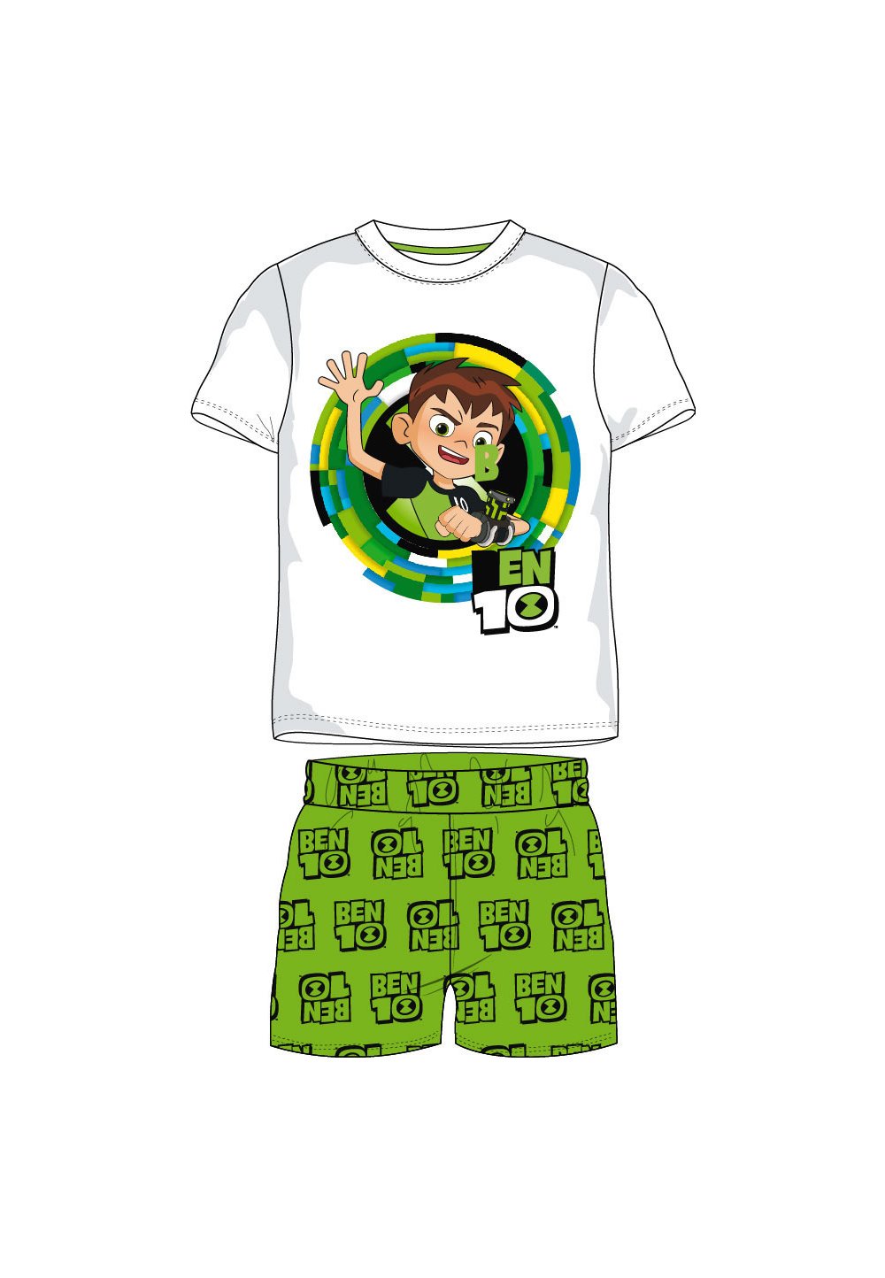 Pijama, maneca scurta, Ben 10, alb cu verde