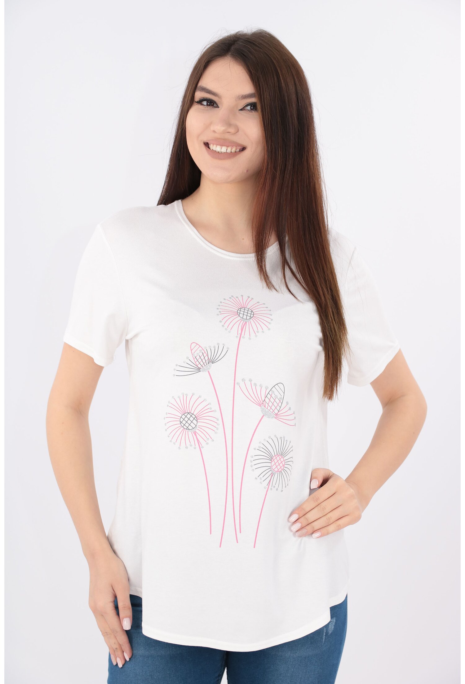Bluza alba cu print floral roz