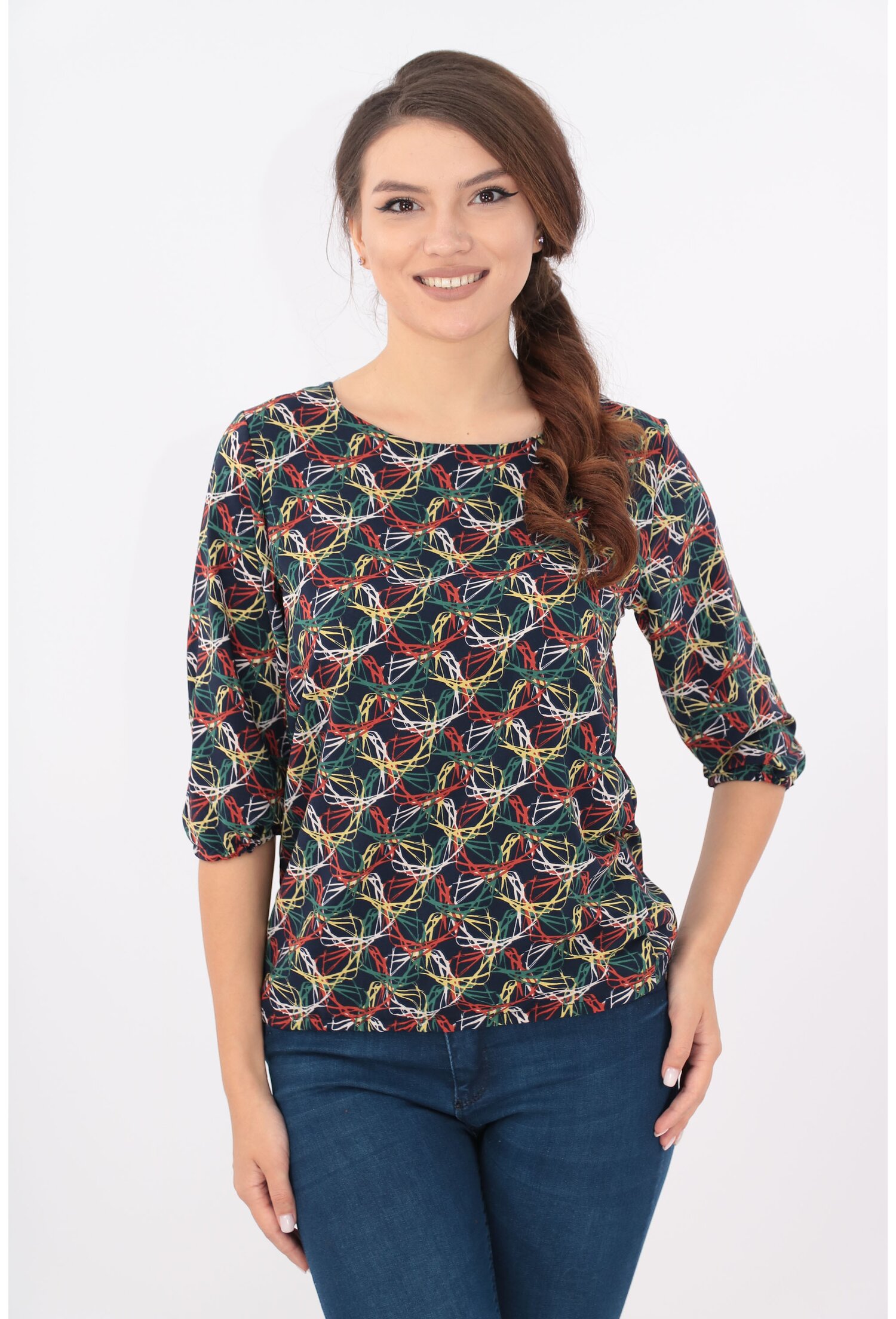 Bluza bleumarin cu desen abstract multicolor