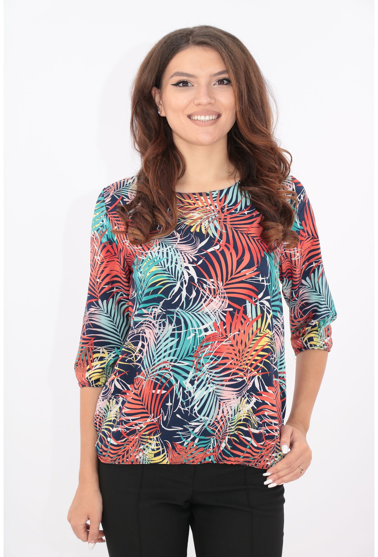 Bluza bleumarin cu frunze multicolore